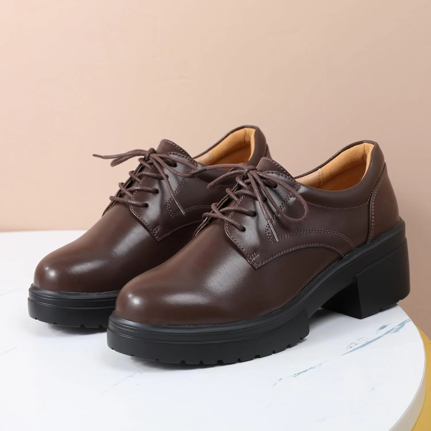 Platform Oxfords for Women Chunky Oxford Heels Women's Pumps Lace Up Shoes Office Work Ladies Casual Business Dress Shoes