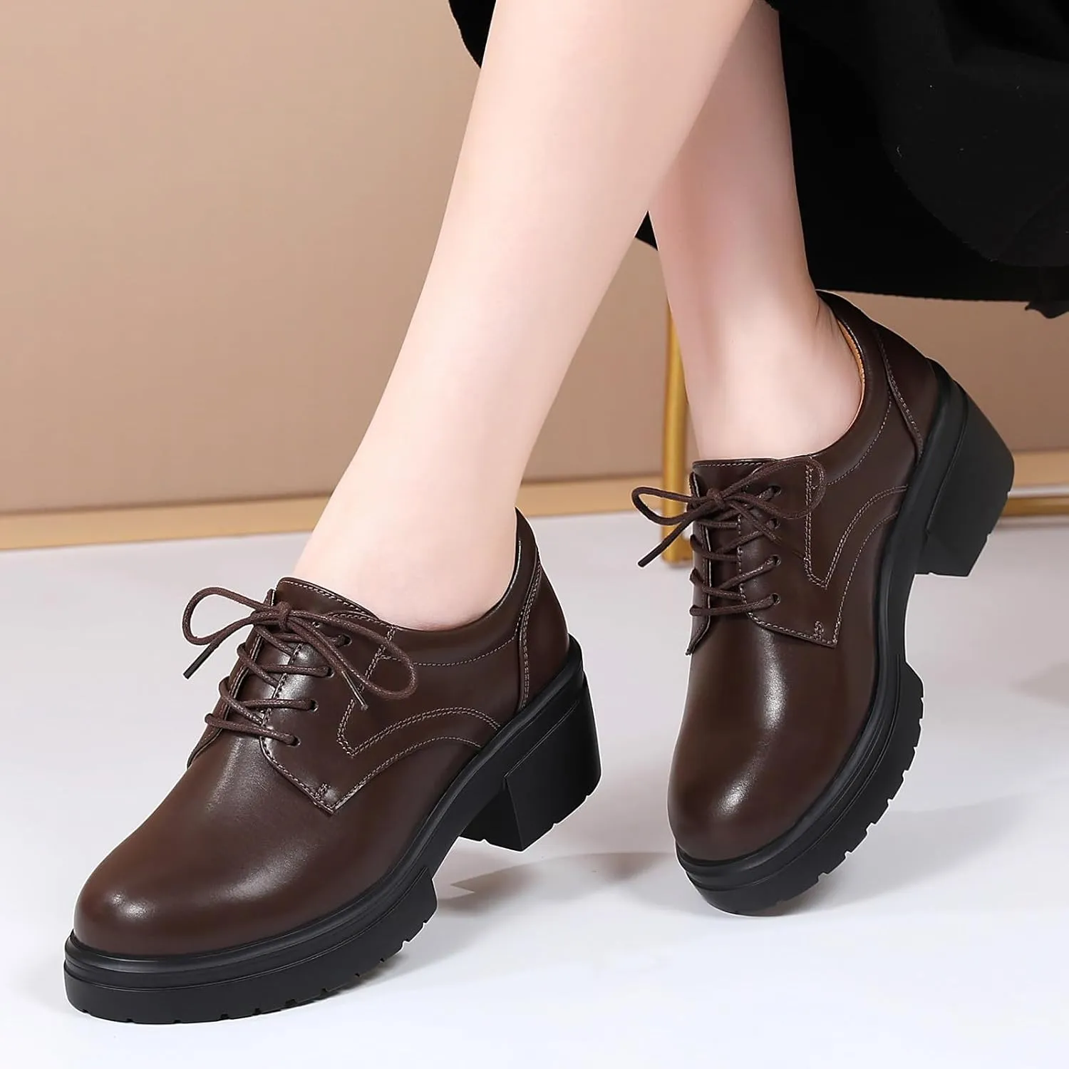 Platform Oxfords for Women Chunky Oxford Heels Women's Pumps Lace Up Shoes Office Work Ladies Casual Business Dress Shoes