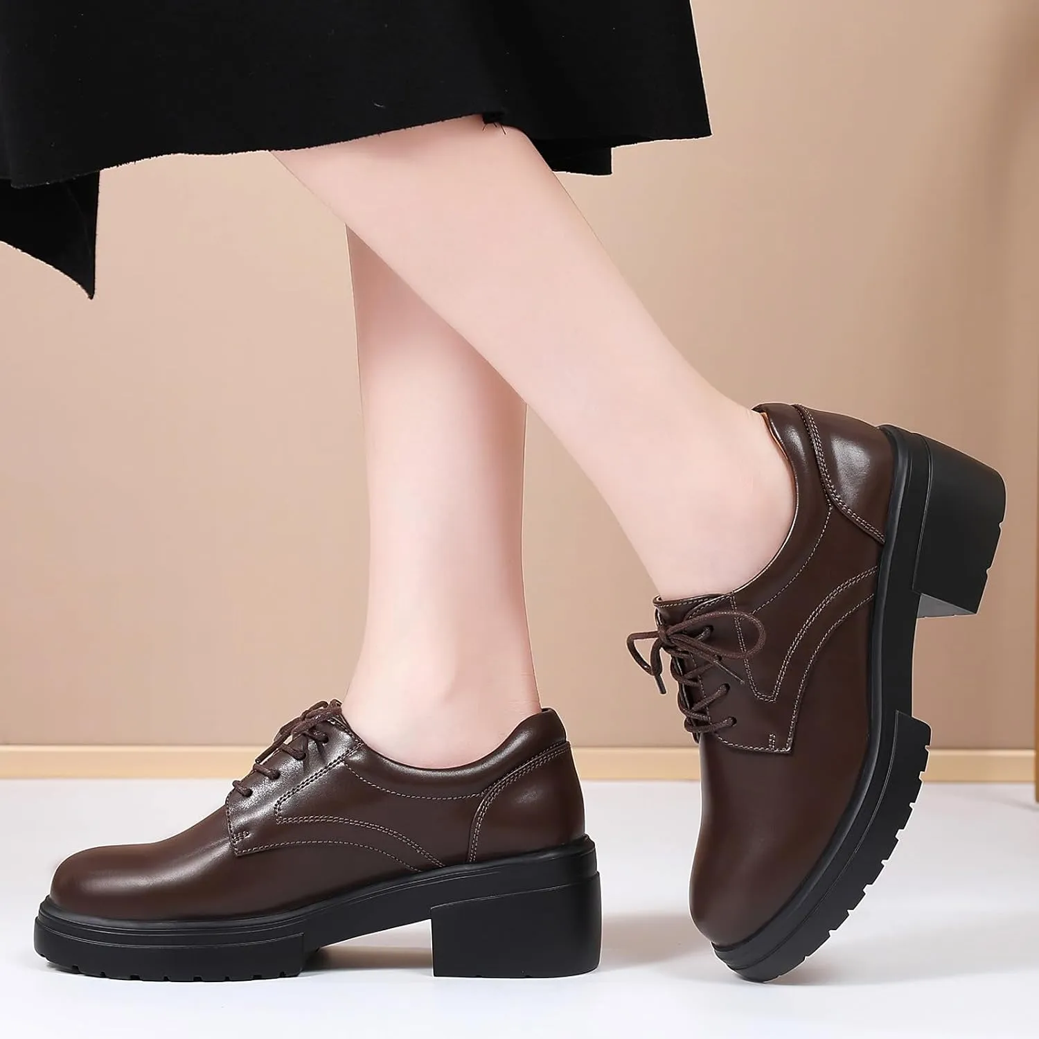 Platform Oxfords for Women Chunky Oxford Heels Women's Pumps Lace Up Shoes Office Work Ladies Casual Business Dress Shoes