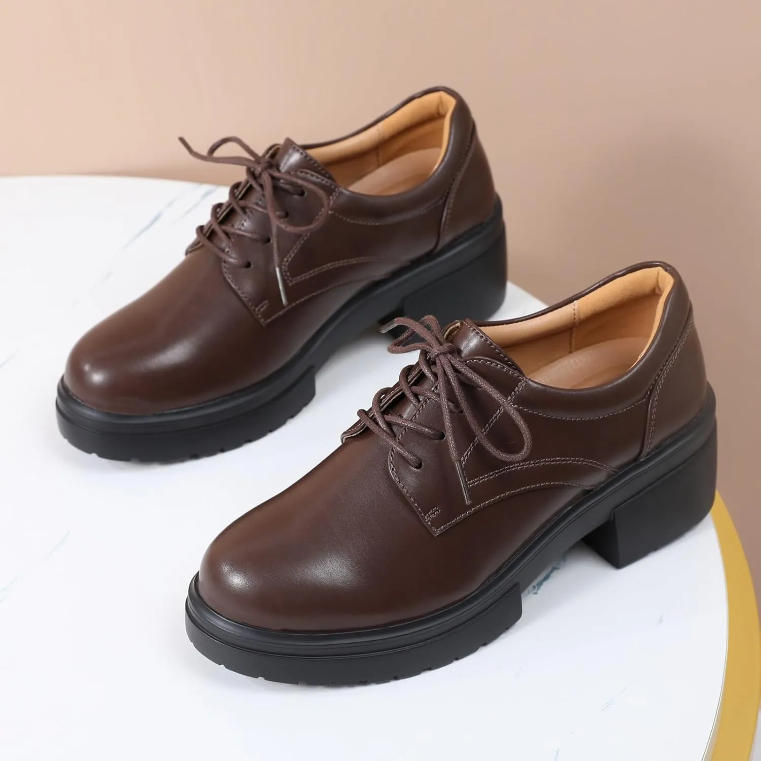 Platform Oxfords for Women Chunky Oxford Heels Women's Pumps Lace Up Shoes Office Work Ladies Casual Business Dress Shoes