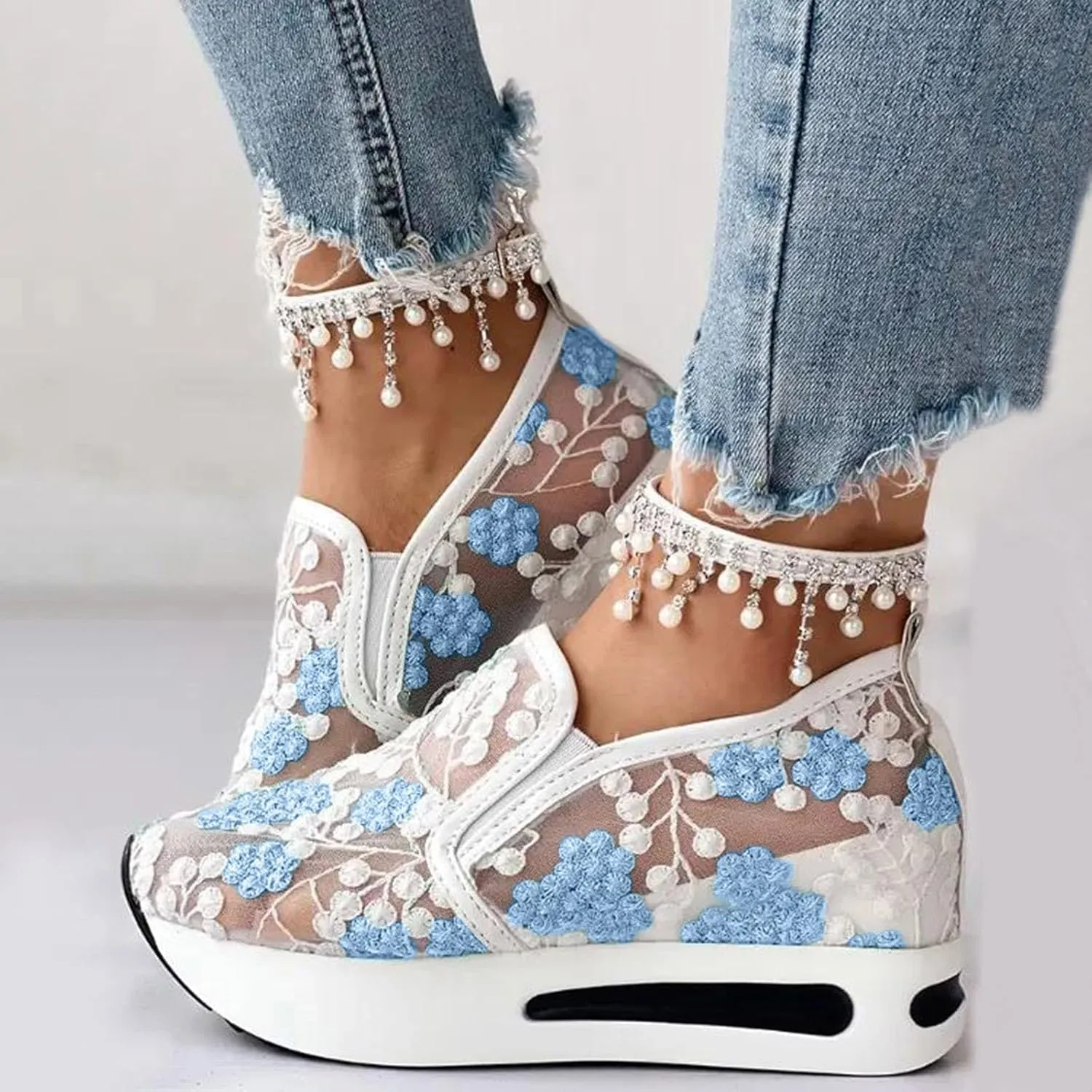 Platform Wedge Sneakers for Women Comfortable Orthopedic Shoes with Arch Support Breathable Mesh Floral Embroidery Sneakers Casual Slip On Shoes Fashion Walking Shoe