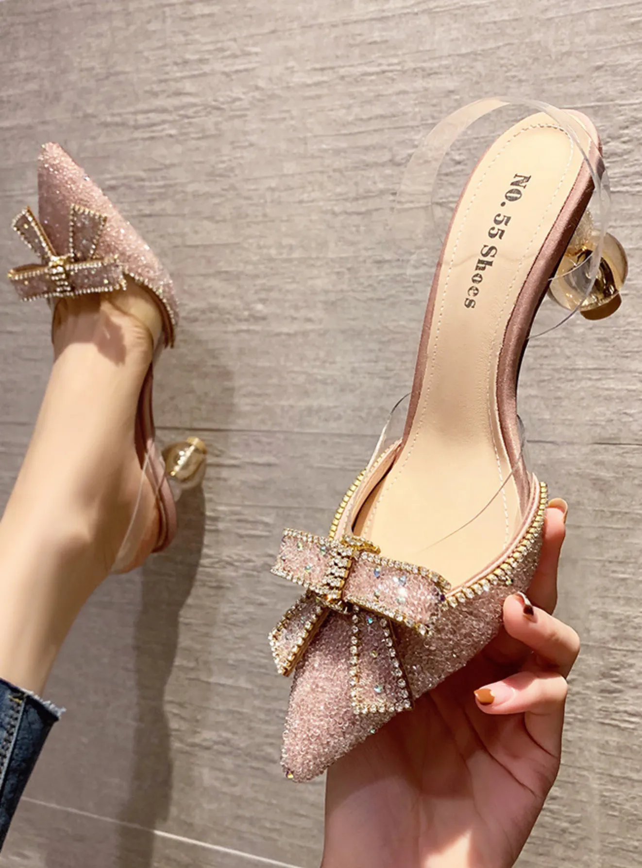 Pointed Bow Rhinestone High-heeled Sandals