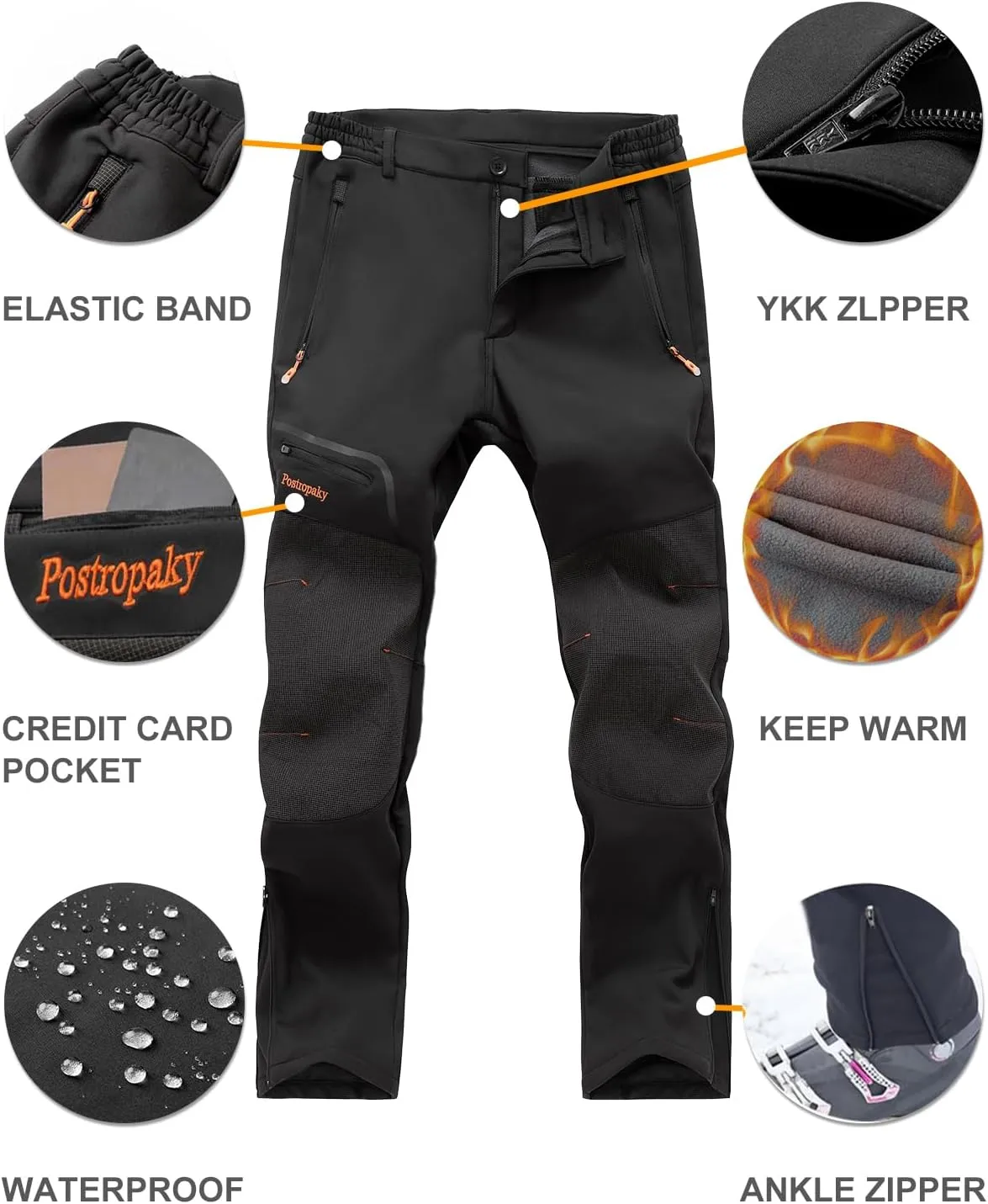 Postropaky Mens Hiking Snow Ski Pants Waterproof Outdoor Insulated Softshell Pants Snowboard Zipper Bottom Leg