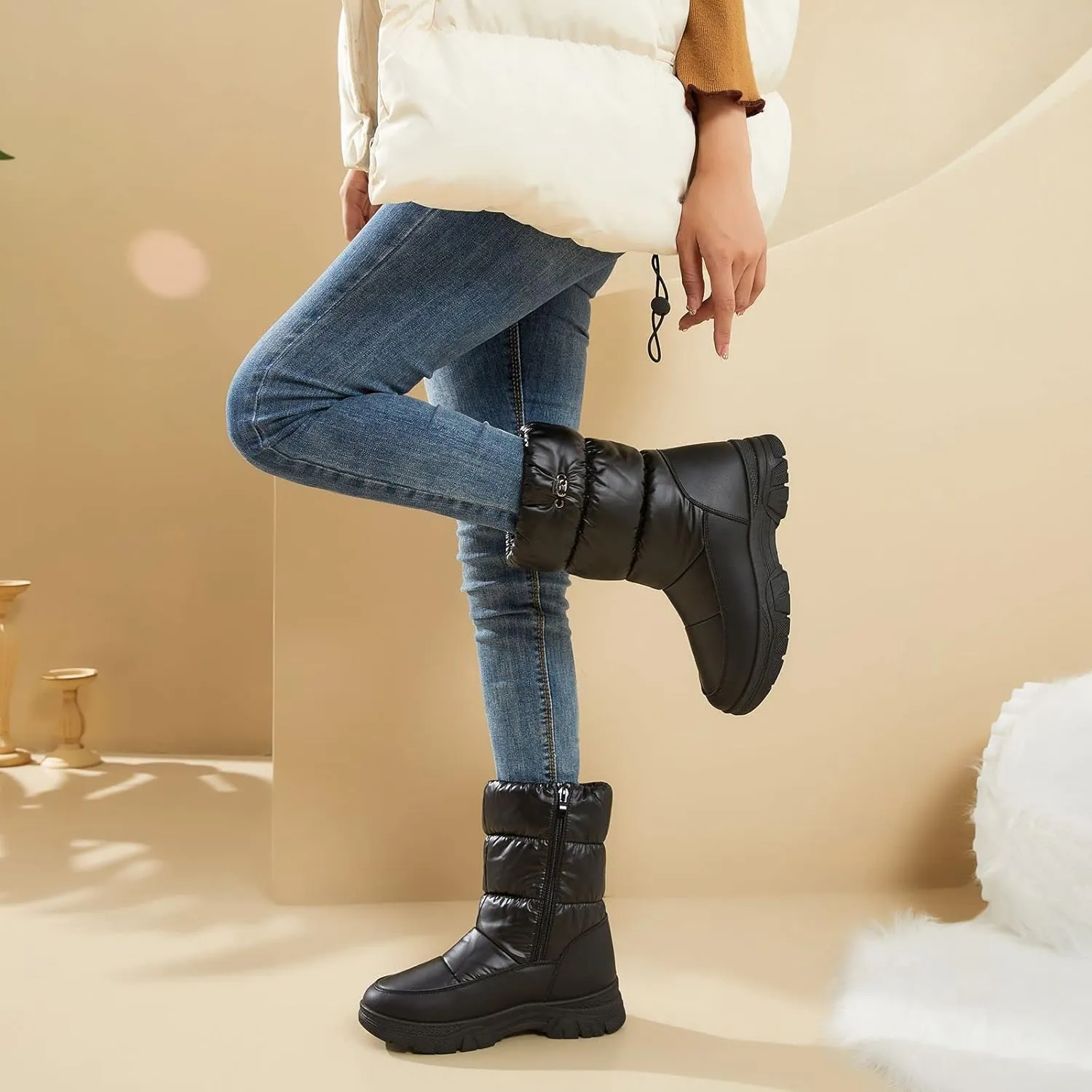 POVOGER Womens Winter Boots Snow Boots For Women Black Mid Calf Platform Boots Warm Fur Fashion Slip On Boots