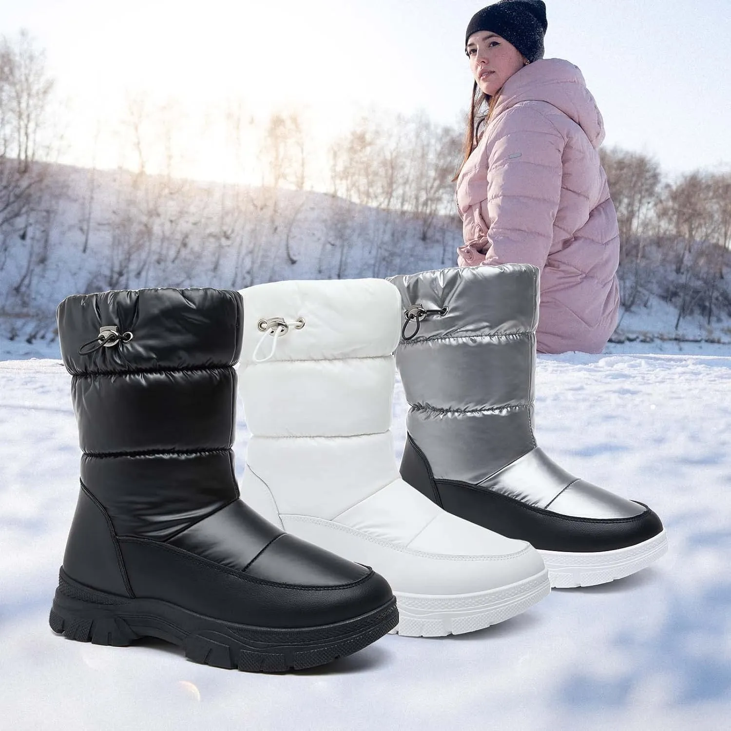 POVOGER Womens Winter Boots Snow Boots For Women Black Mid Calf Platform Boots Warm Fur Fashion Slip On Boots