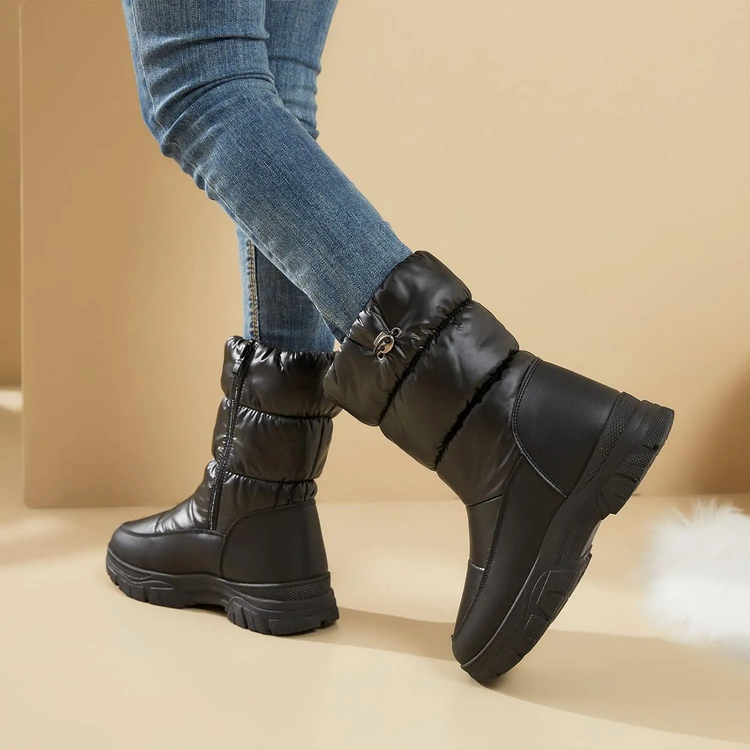 POVOGER Womens Winter Boots Snow Boots For Women Black Mid Calf Platform Boots Warm Fur Fashion Slip On Boots