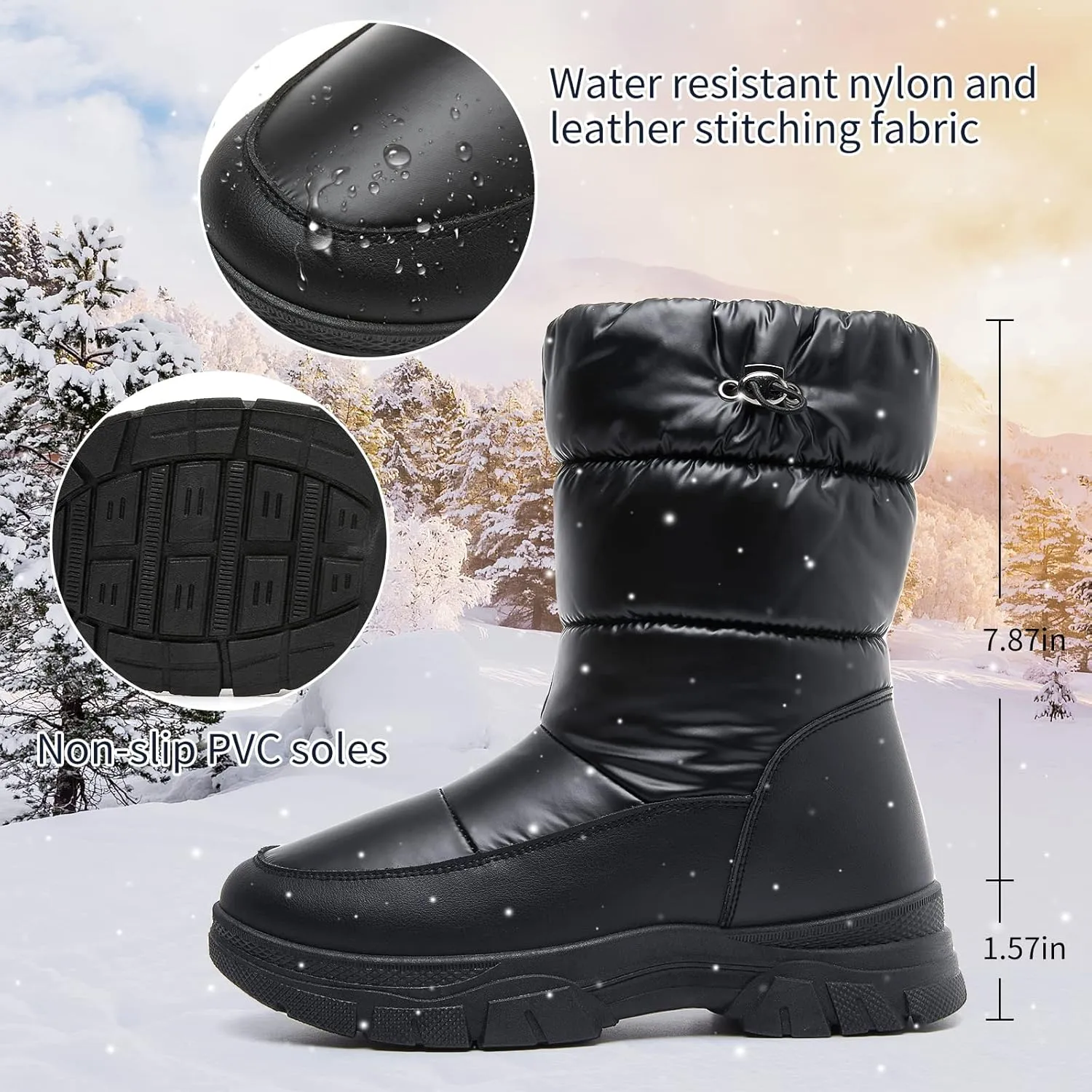 POVOGER Womens Winter Boots Snow Boots For Women Black Mid Calf Platform Boots Warm Fur Fashion Slip On Boots