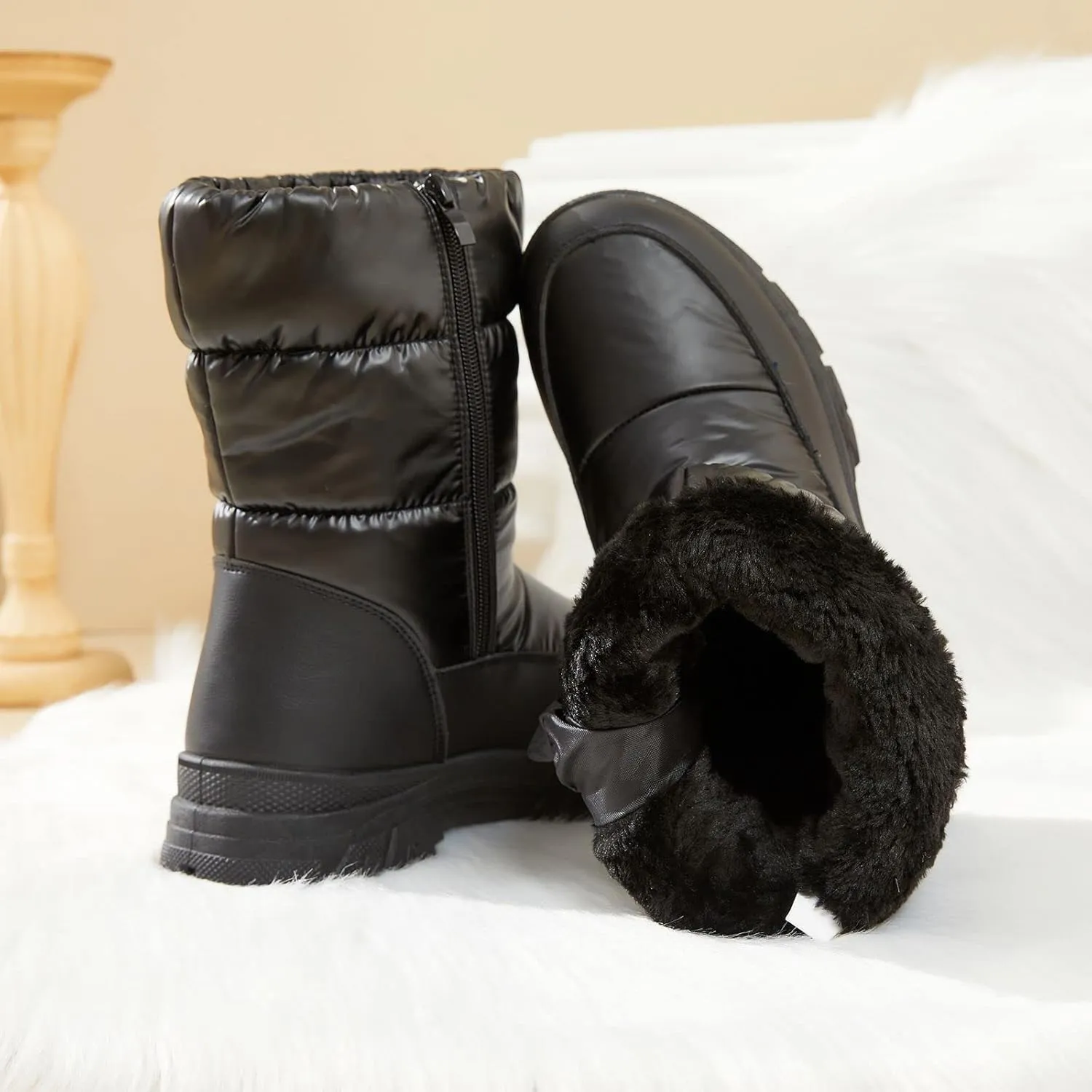 POVOGER Womens Winter Boots Snow Boots For Women Black Mid Calf Platform Boots Warm Fur Fashion Slip On Boots