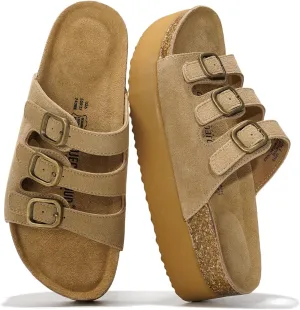 Project Cloud Genuine Suede Womens Sandals - Comfortable Wedges & Platform Sandals for Women with Memory Foam Insole - Non-Slip 3-Strap Wedge for Women Footwear (Dyan)