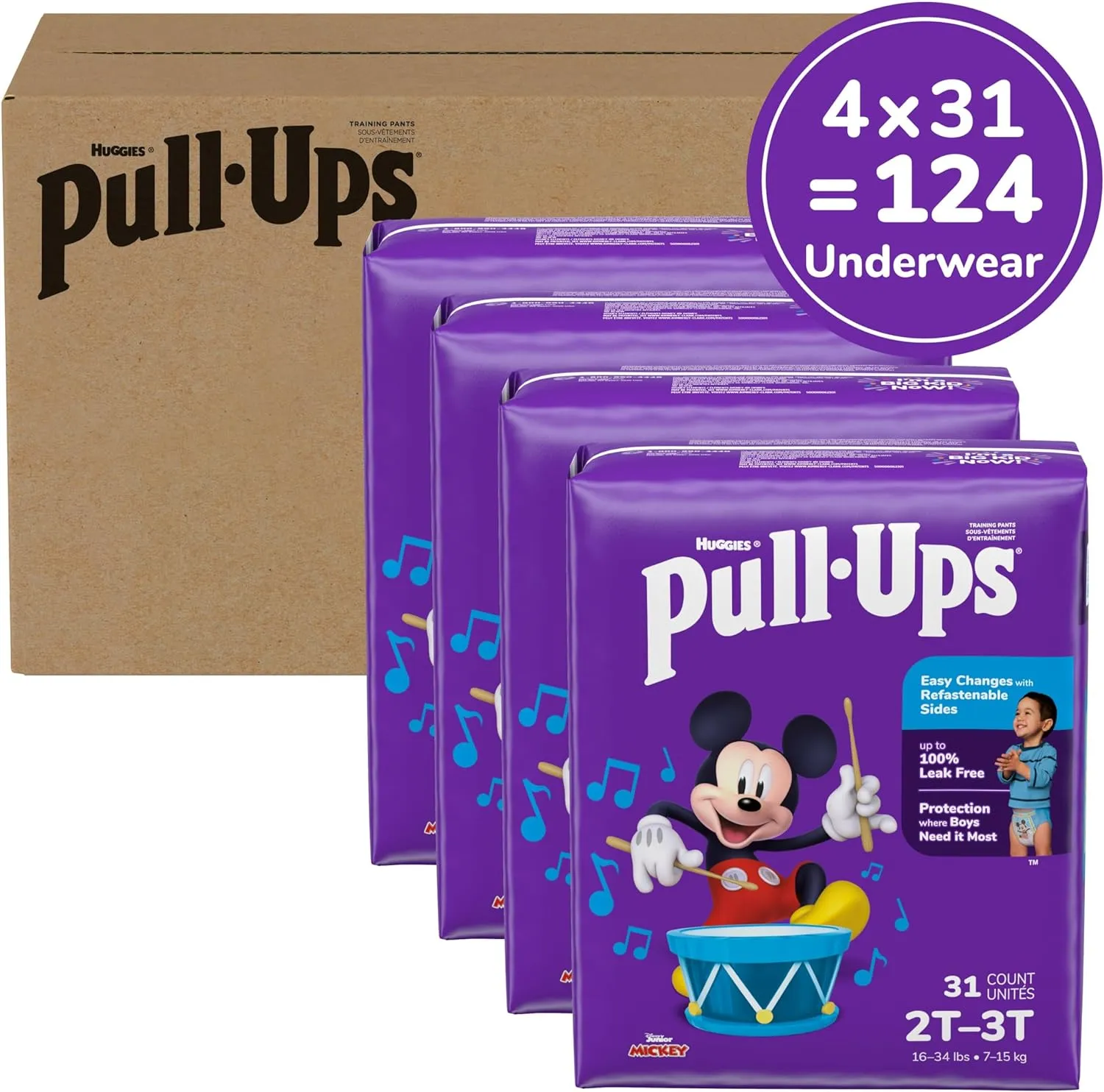Pull-Ups Boys' Potty Training Pants, 2T-3T (16-34 lbs), 124 Count (4 Packs of 31)