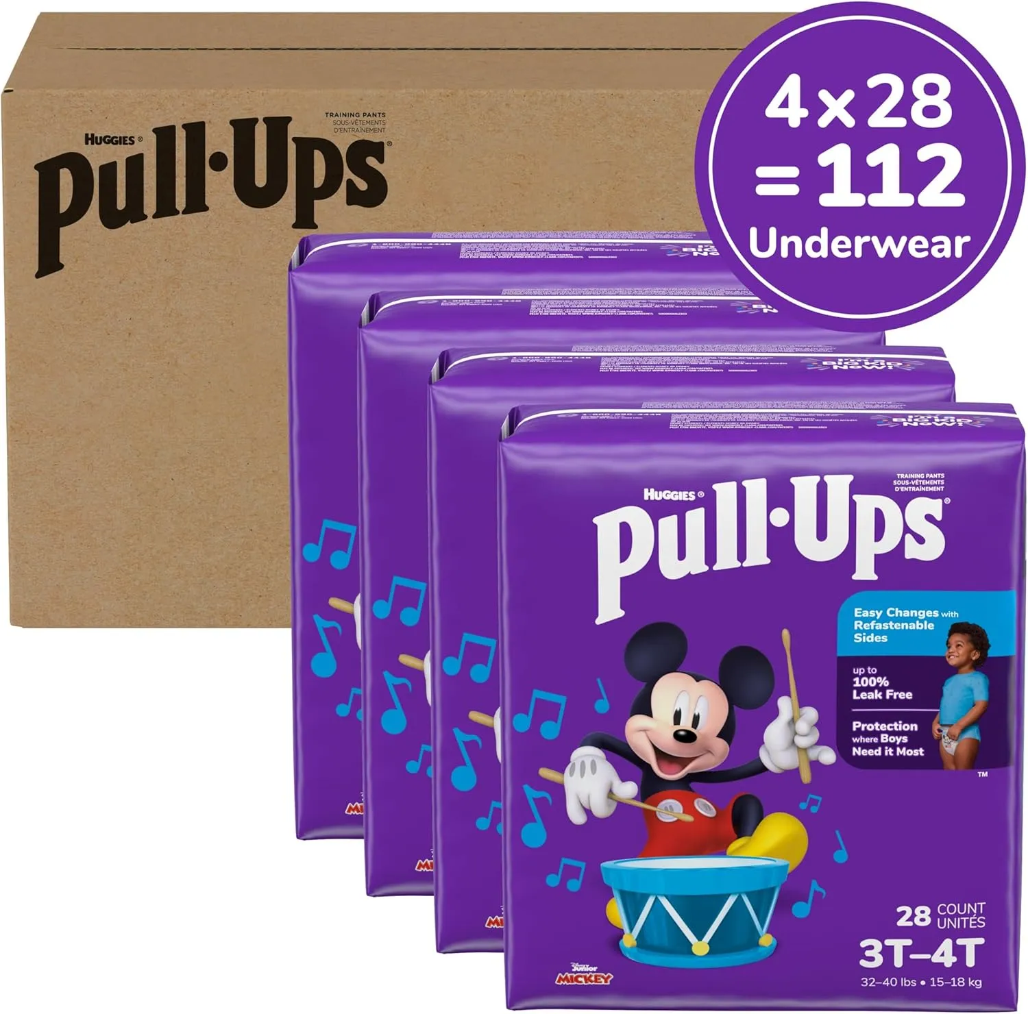 Pull-Ups Boys' Potty Training Pants, 3T-4T (32-40 lbs), 112 Count (4 Packs of 28)