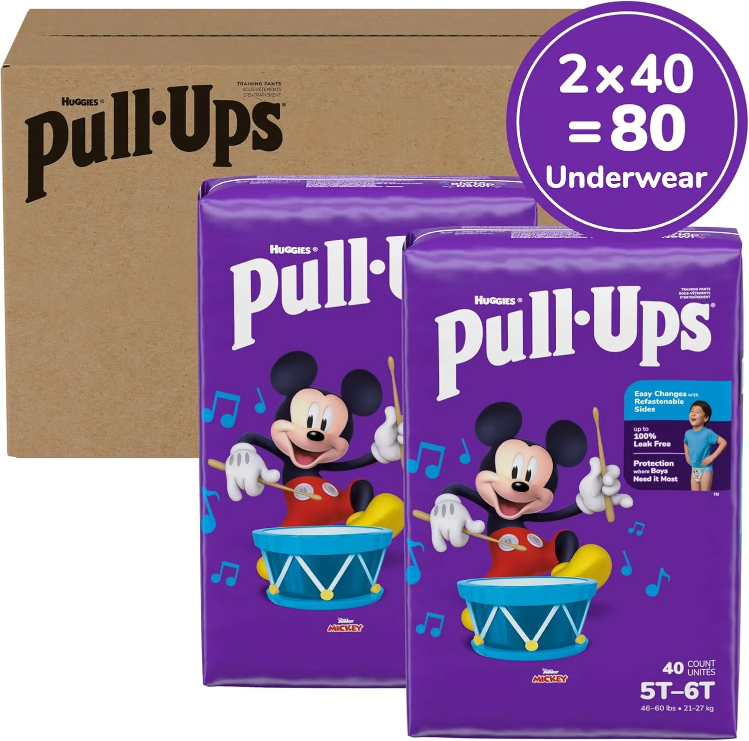 Pull-Ups Boys' Potty Training Pants, 5T-6T (46  lbs), 80 Count (2 Packs of 40)