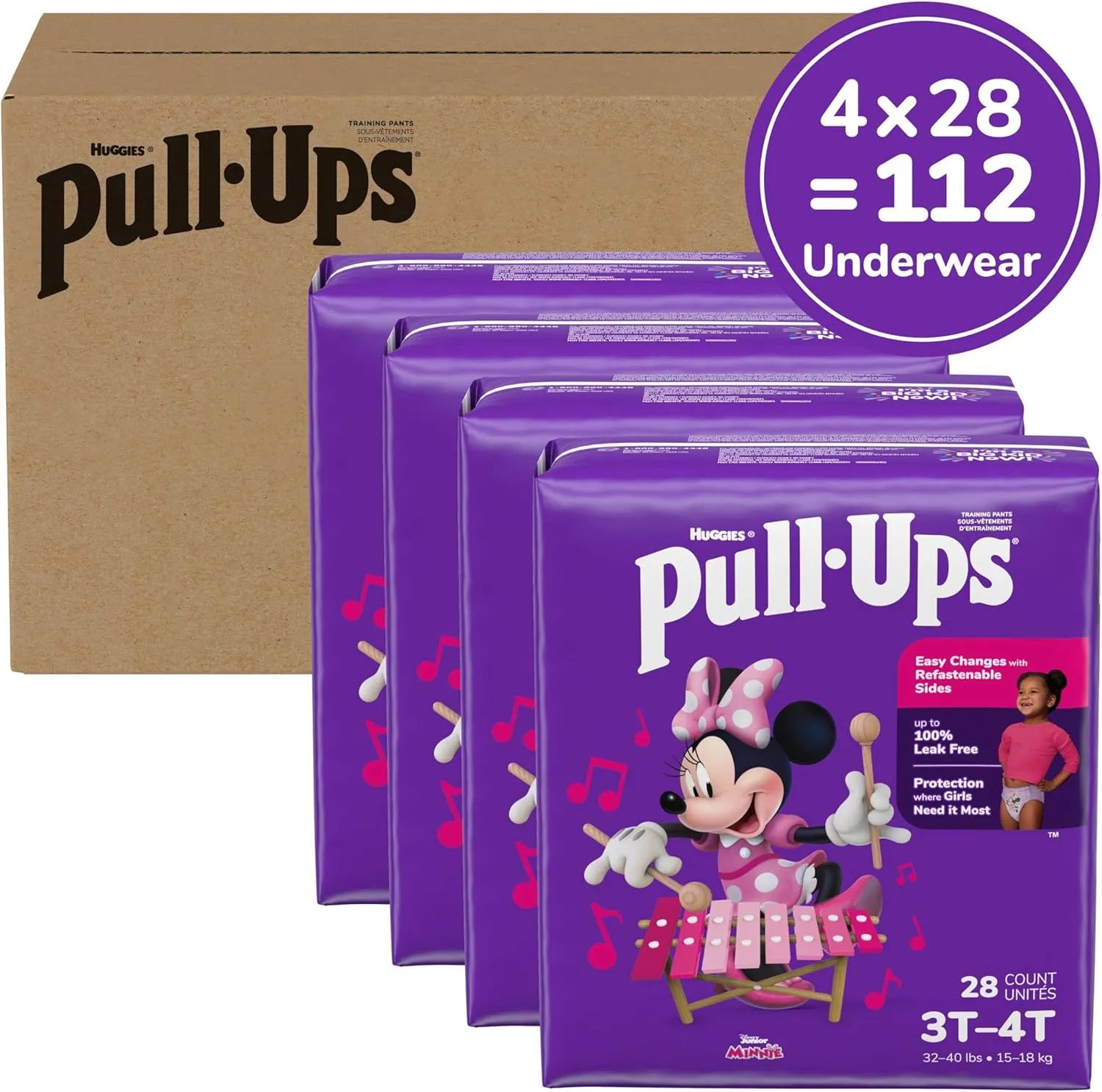 Pull-Ups Girls' Potty Training Pants, Size 3T-4T Training Underwear (32-40 lbs), 112 Count (4 Packs of 28)