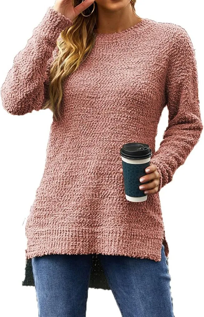 Qearal Women's Long Sleeve Fuzzy Knitted Sweater Popcorn Side Split Loose Pullover Tops