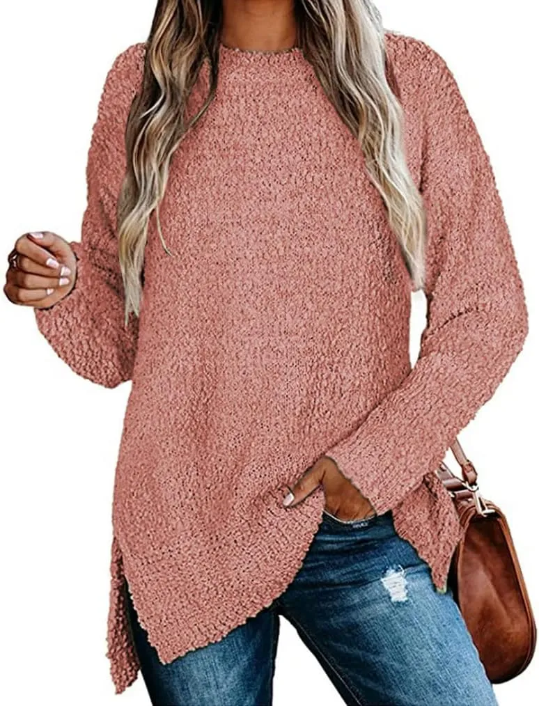 Qearal Women's Long Sleeve Fuzzy Knitted Sweater Popcorn Side Split Loose Pullover Tops