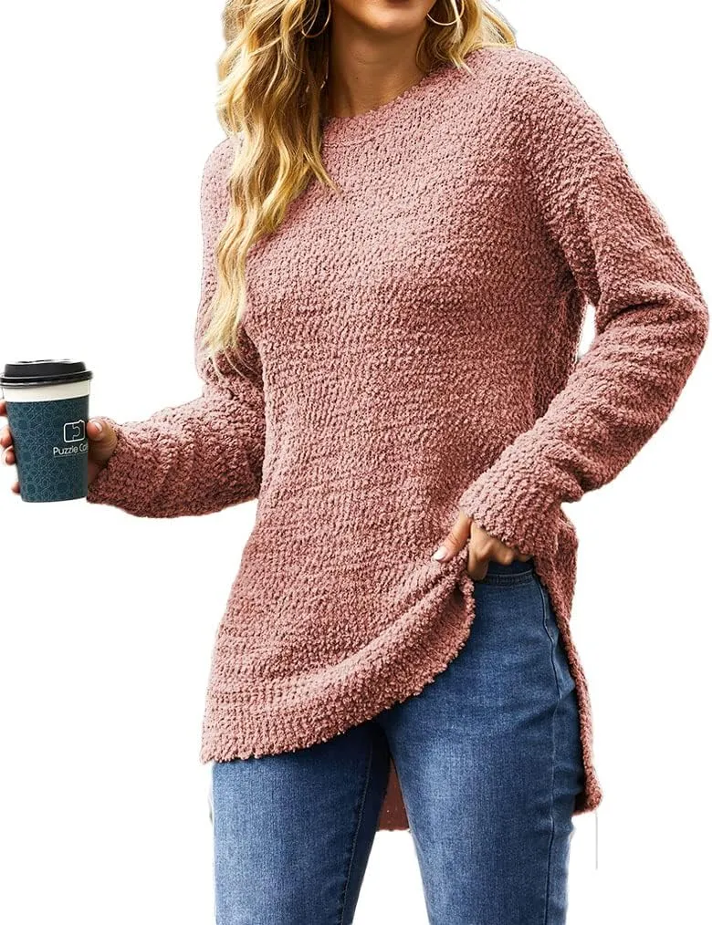 Qearal Women's Long Sleeve Fuzzy Knitted Sweater Popcorn Side Split Loose Pullover Tops
