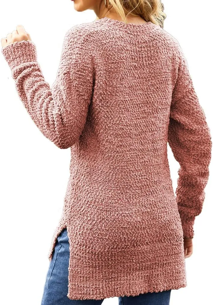 Qearal Women's Long Sleeve Fuzzy Knitted Sweater Popcorn Side Split Loose Pullover Tops