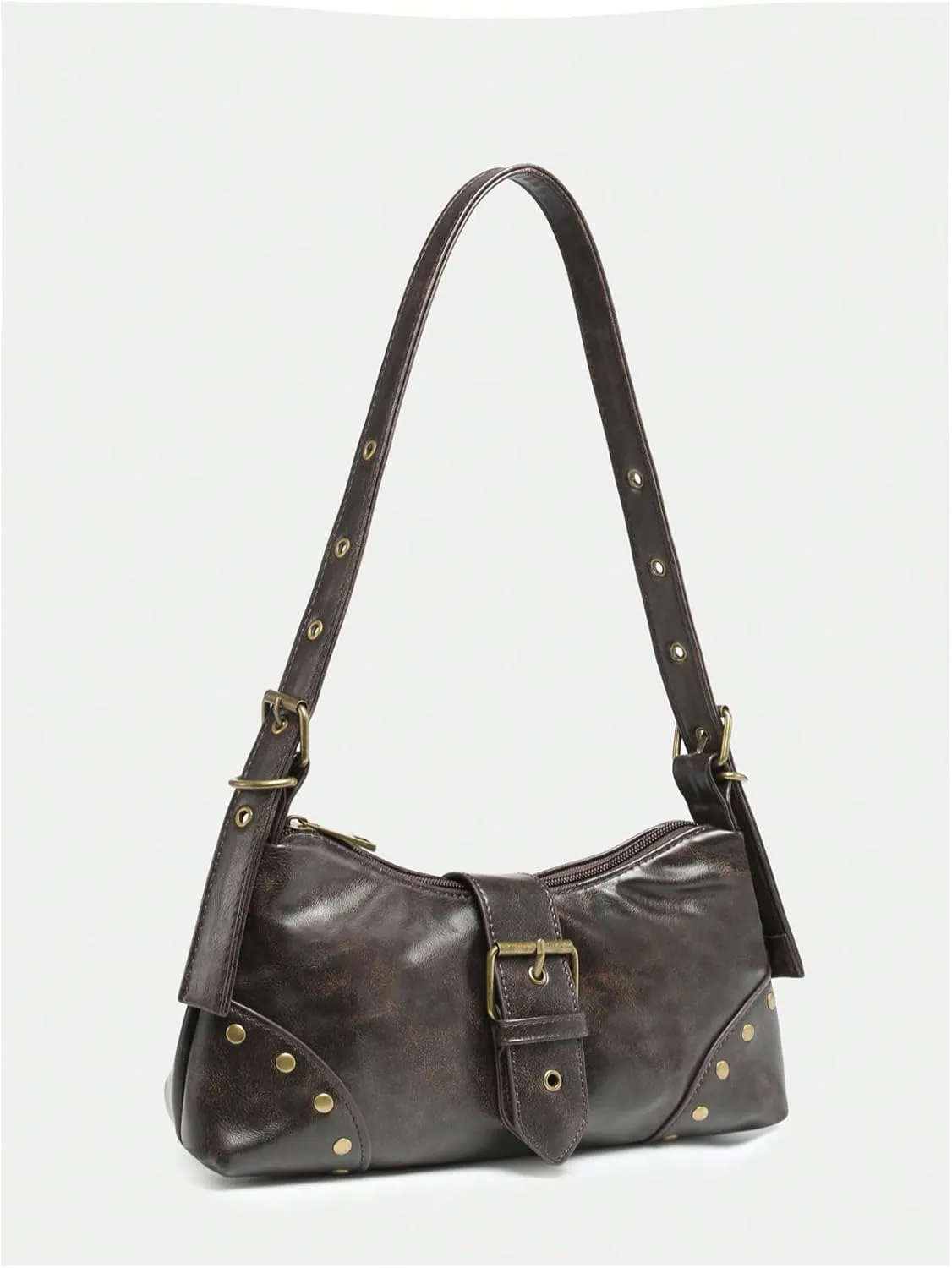 QWINEE Women's Studded Y2k Purse Rivet Hobo Purse Punk Leather Shoulder Bag with Buckle