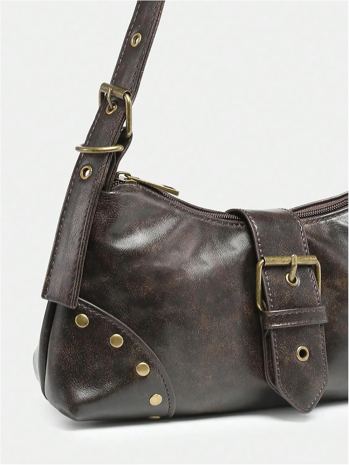 QWINEE Women's Studded Y2k Purse Rivet Hobo Purse Punk Leather Shoulder Bag with Buckle