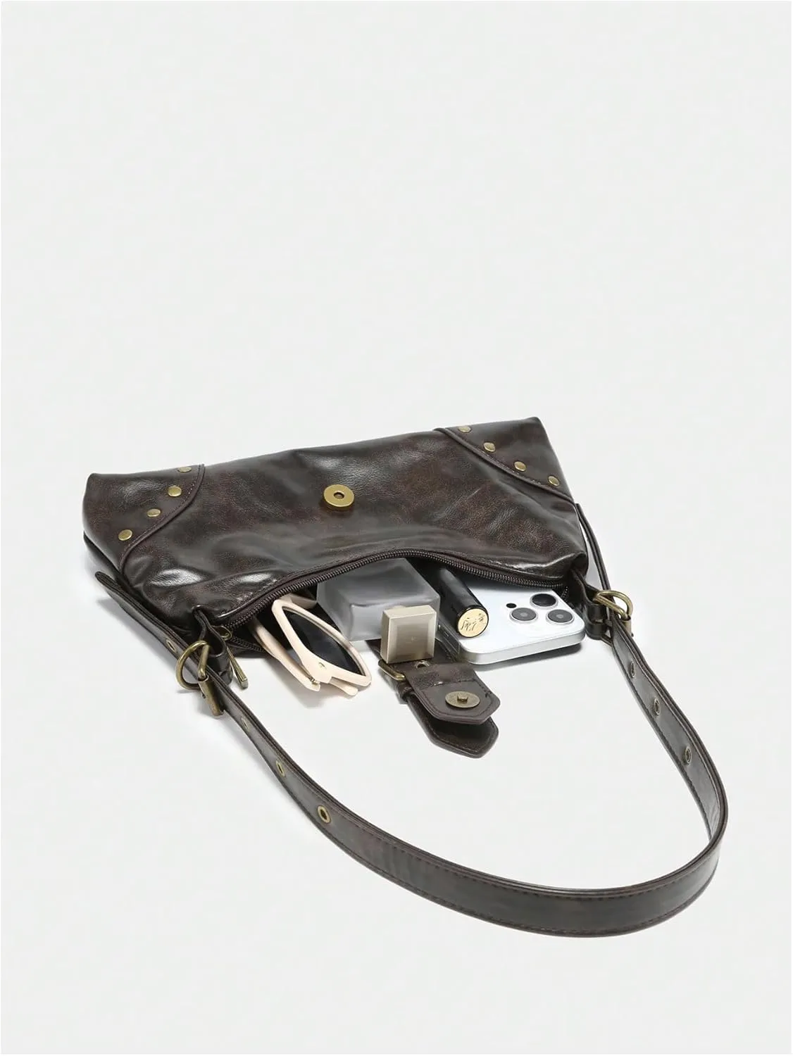 QWINEE Women's Studded Y2k Purse Rivet Hobo Purse Punk Leather Shoulder Bag with Buckle