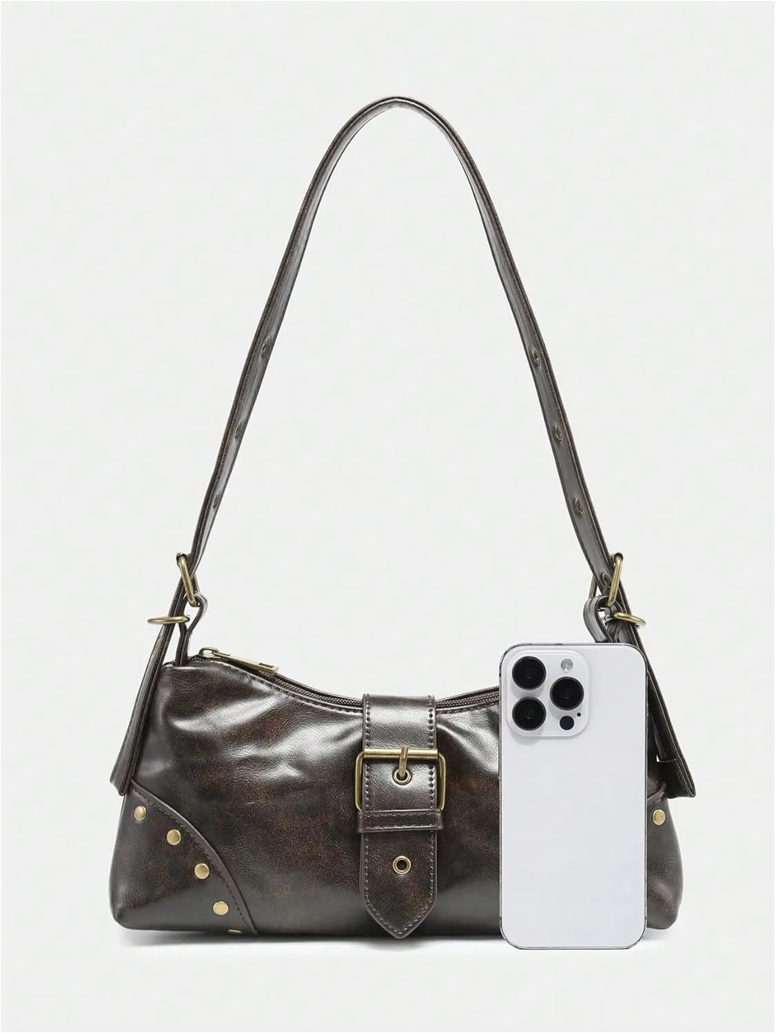 QWINEE Women's Studded Y2k Purse Rivet Hobo Purse Punk Leather Shoulder Bag with Buckle