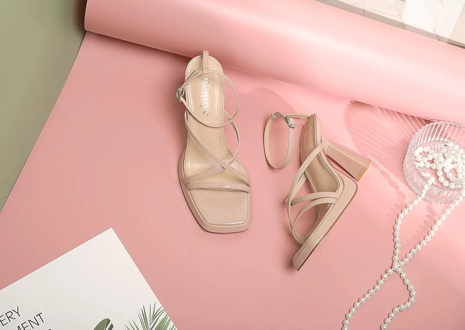 Reitoye Strappy Heels for Women Platform High Chunky Heels Square Open Toe Heeled Sandals Ankle Strap Block Heels