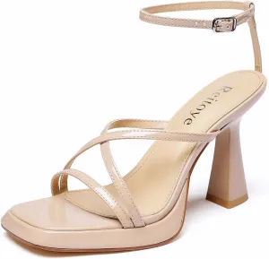 Reitoye Strappy Heels for Women Platform High Chunky Heels Square Open Toe Heeled Sandals Ankle Strap Block Heels