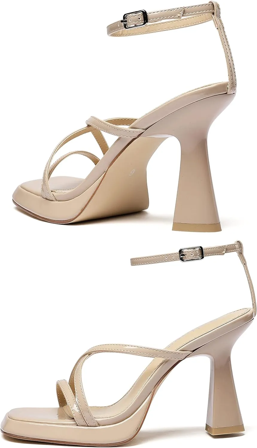 Reitoye Strappy Heels for Women Platform High Chunky Heels Square Open Toe Heeled Sandals Ankle Strap Block Heels