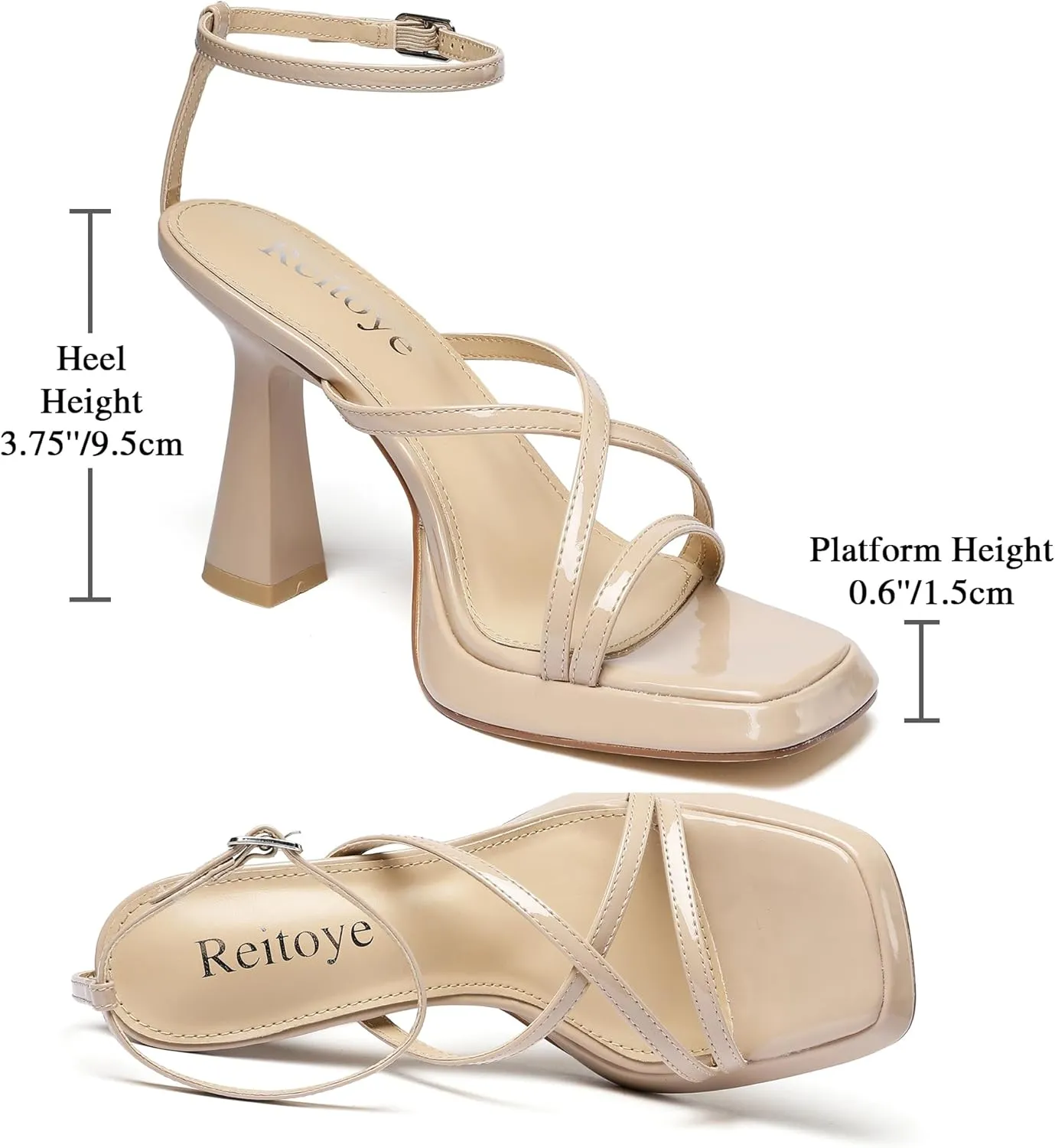 Reitoye Strappy Heels for Women Platform High Chunky Heels Square Open Toe Heeled Sandals Ankle Strap Block Heels