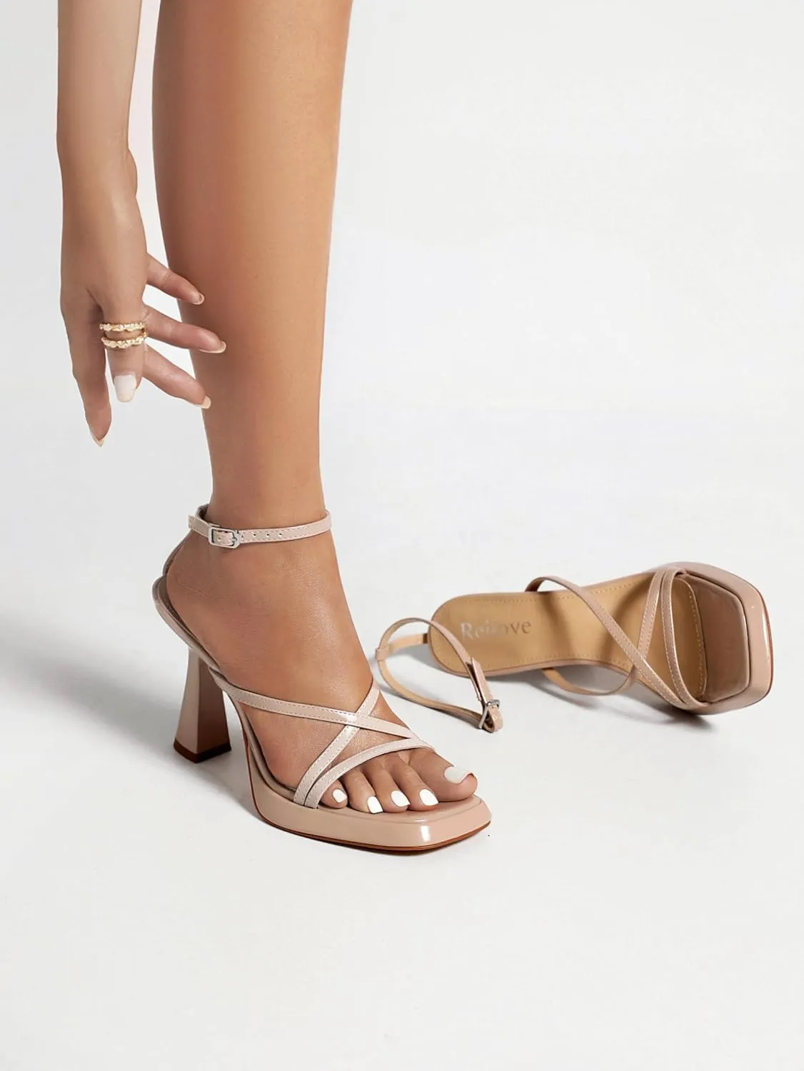 Reitoye Strappy Heels for Women Platform High Chunky Heels Square Open Toe Heeled Sandals Ankle Strap Block Heels