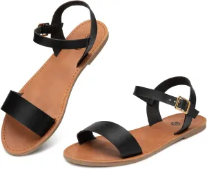 Rekayla Flat Faux Leather Ankle Strap and Adjustable Buckle Sandals for Women