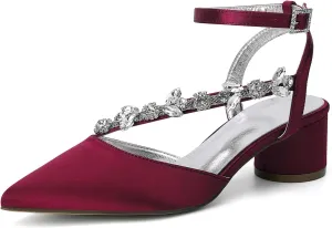 Rhinestones Satin Strappy Wedding Shoes Pointed Toe Block Low Heel Bridal Shoes Women Party Sandals 4.5CM Closed Toe Ankle Strap Pumps for Prom,Wine red,8
