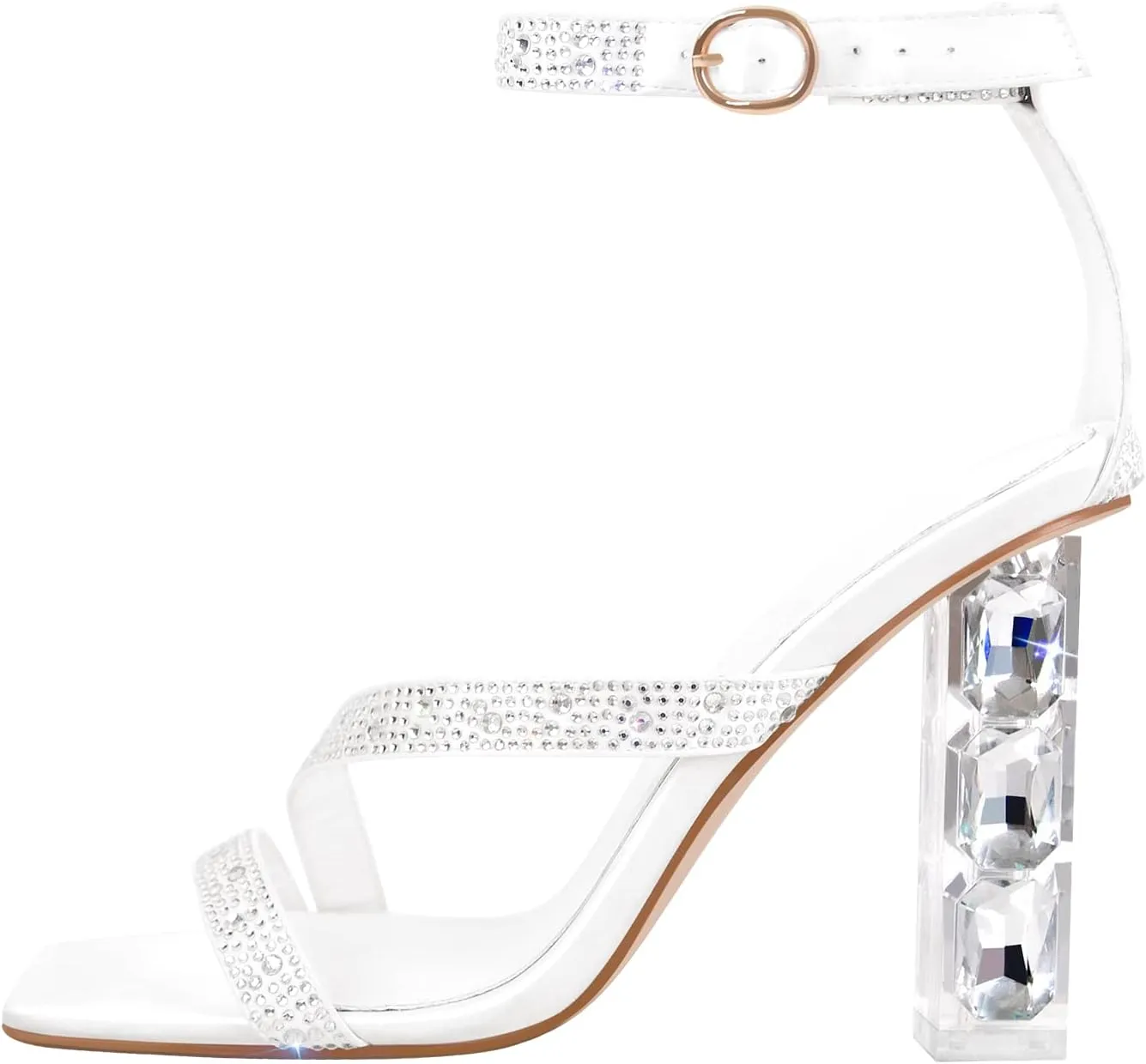 richealnini Rhinestons Strap Buckle Up Clear Heels Sandals with Block