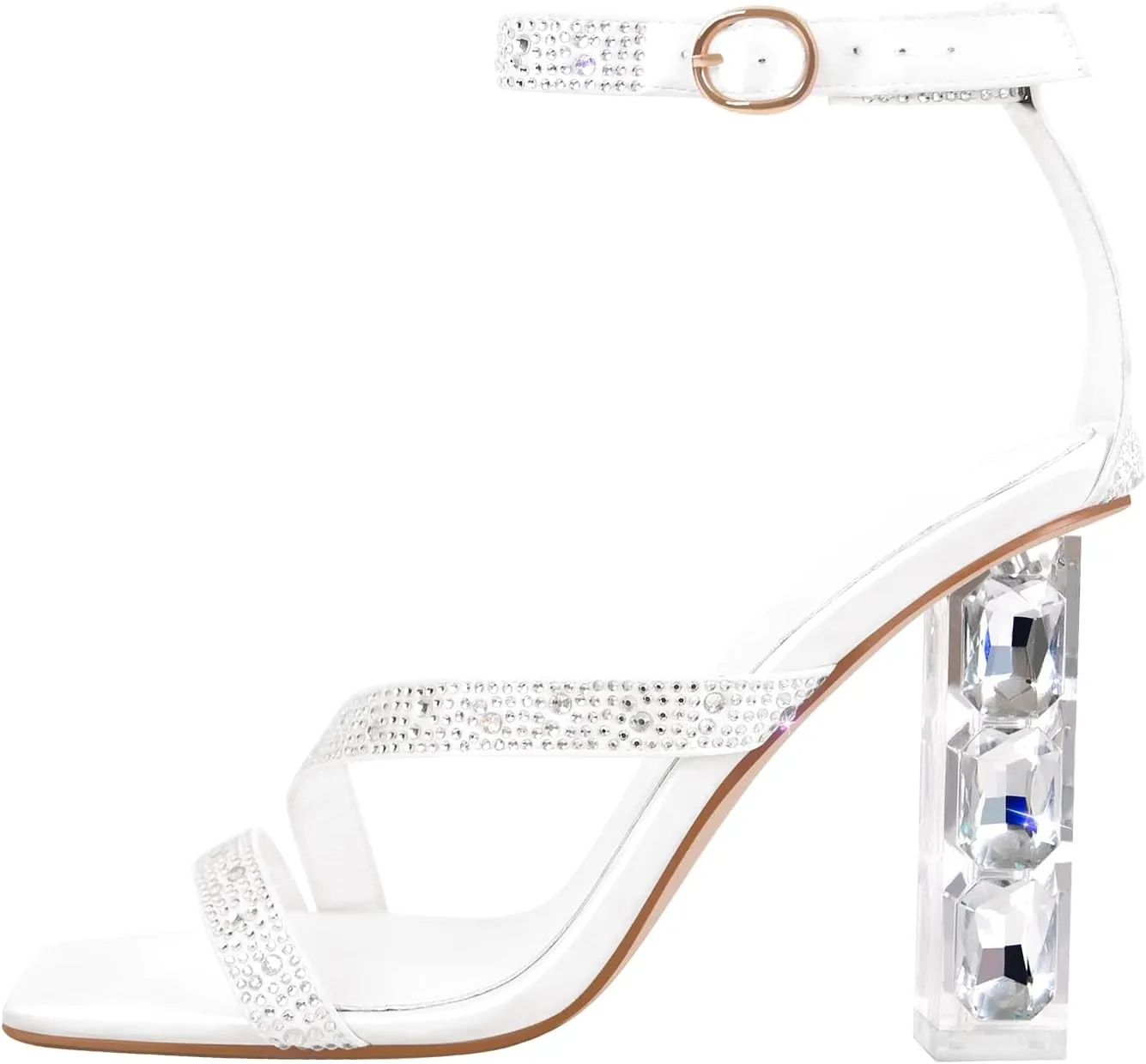 richealnini Rhinestons Strap Buckle Up Clear Heels Sandals with Block