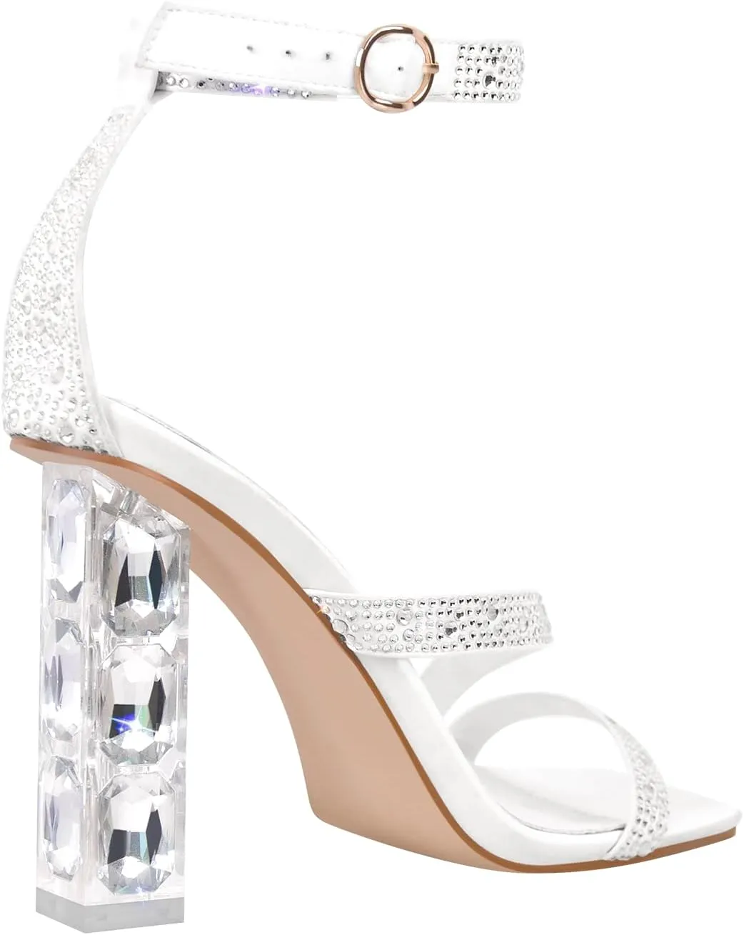 richealnini Rhinestons Strap Buckle Up Clear Heels Sandals with Block