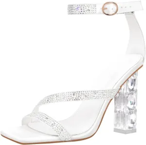 richealnini Rhinestons Strap Buckle Up Clear Heels Sandals with Block