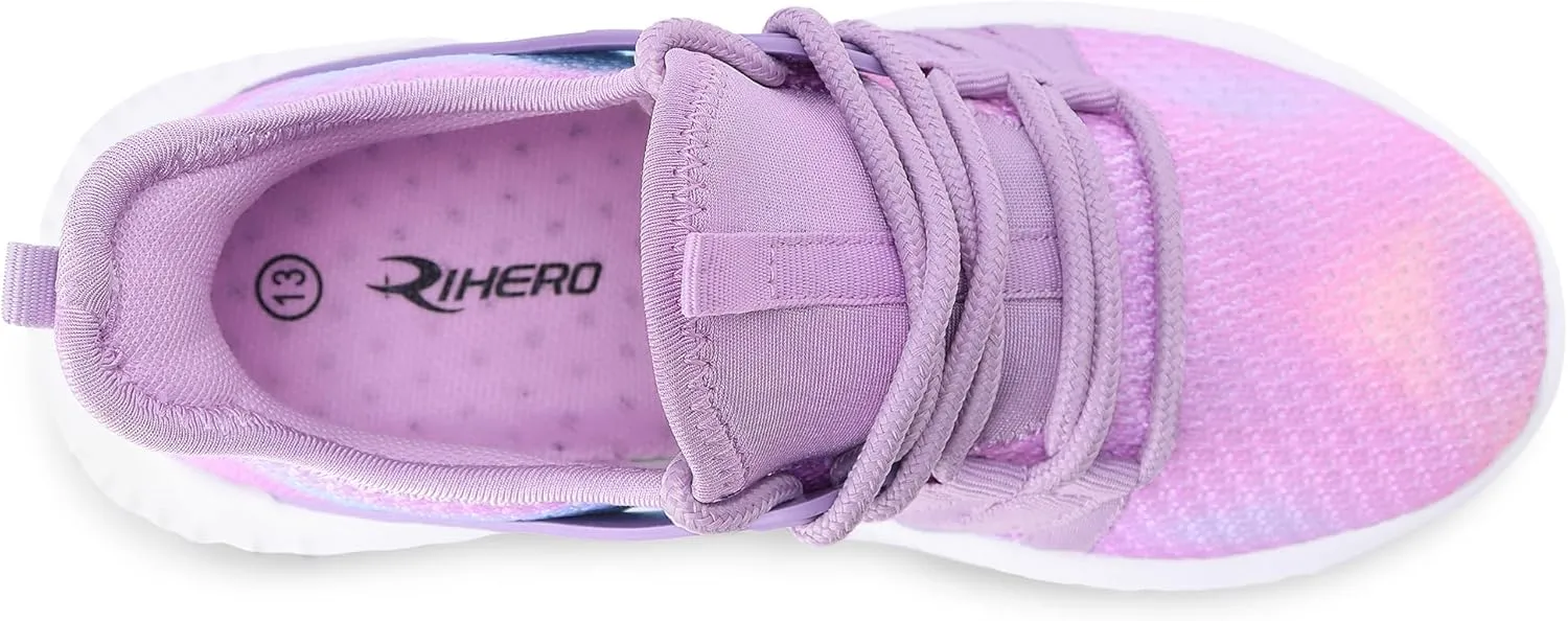 Rihero Girls Tennis Shoes Kids Running Shoes Toddler Lace-Up Lightweight Walking Slip On Sneakers