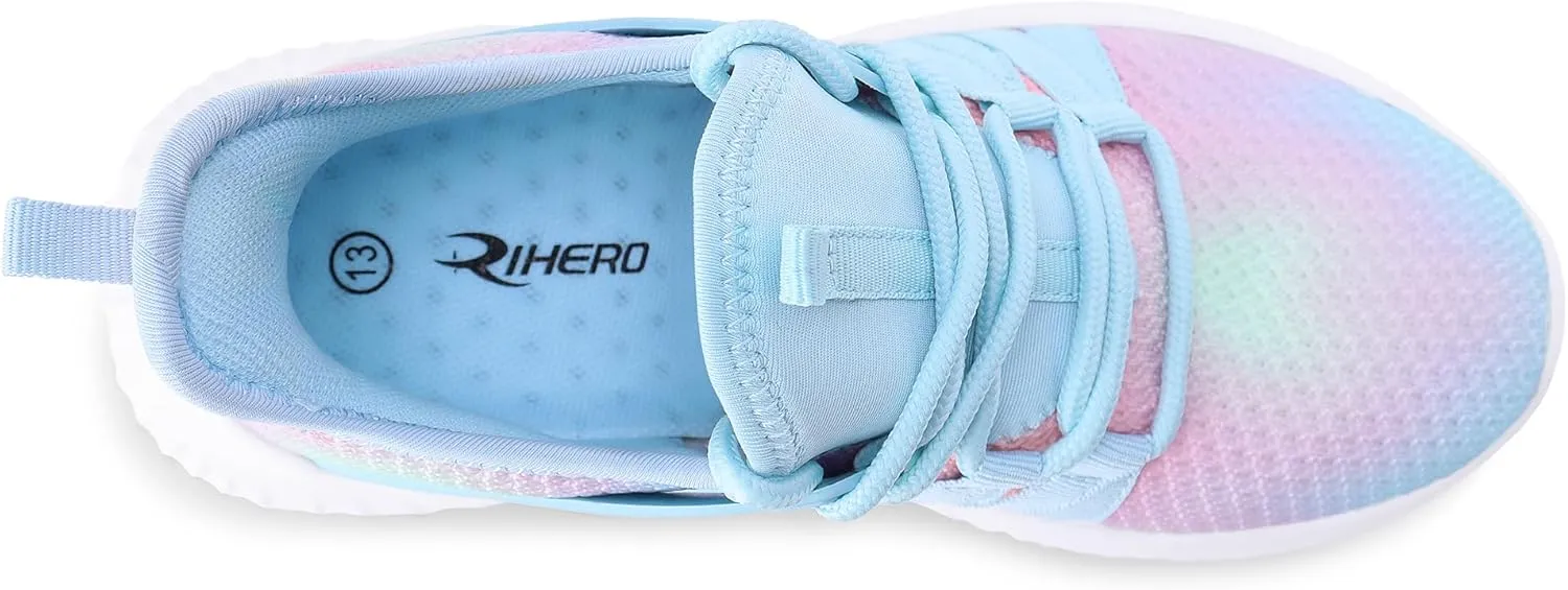 Rihero Girls Tennis Shoes Kids Running Shoes Toddler Lace-Up Lightweight Walking Slip On Sneakers