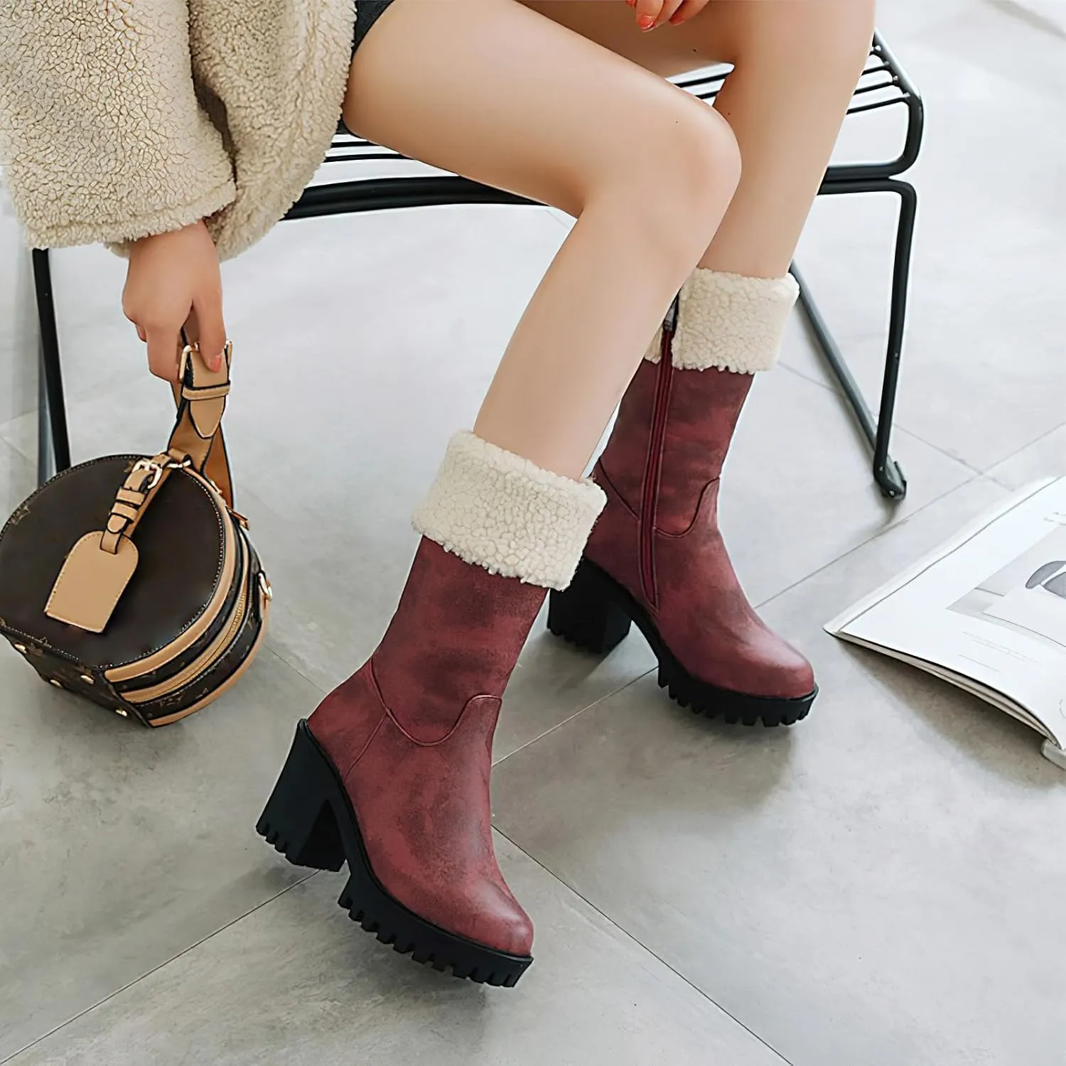 rismart Women's Platform Boots Chunky Heel Side Zip High Heel Mid Calf Sherpa Lined Boot