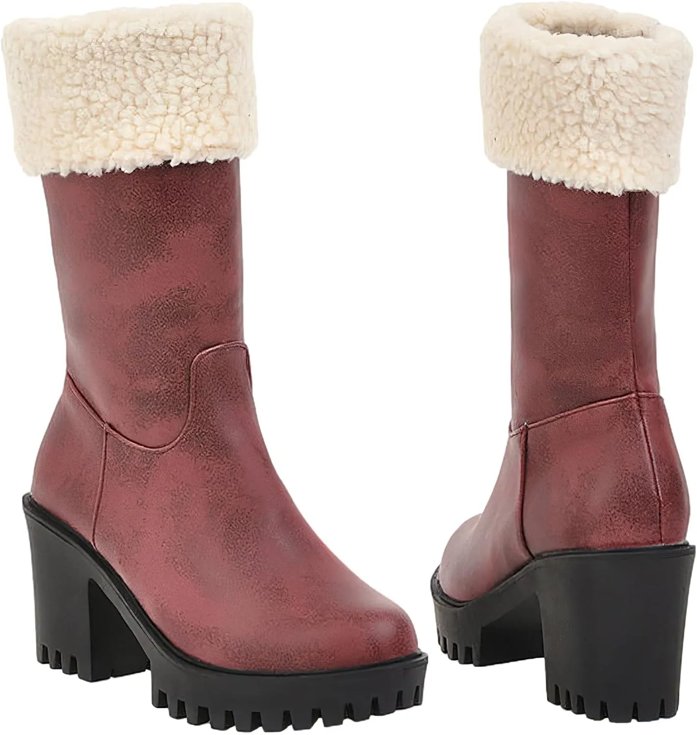rismart Women's Platform Boots Chunky Heel Side Zip High Heel Mid Calf Sherpa Lined Boot