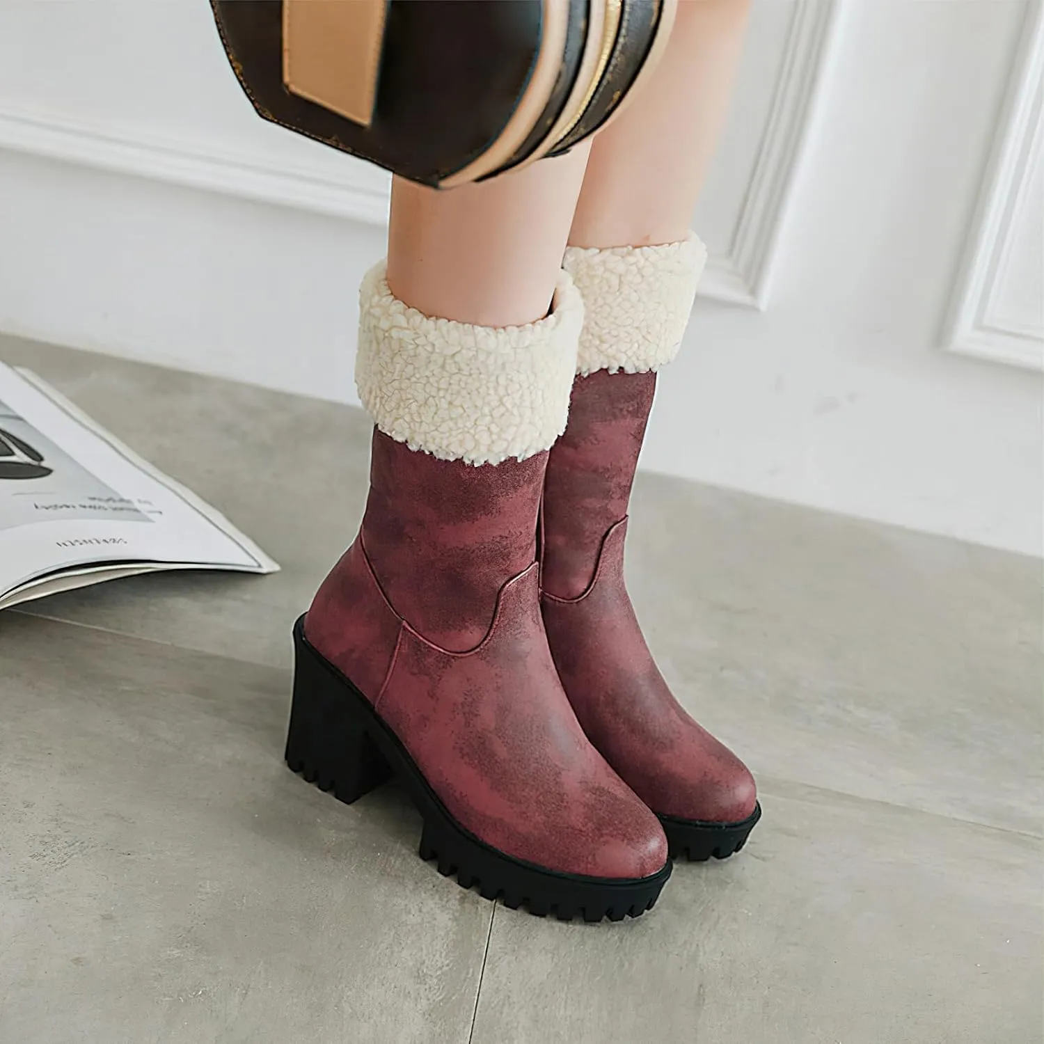 rismart Women's Platform Boots Chunky Heel Side Zip High Heel Mid Calf Sherpa Lined Boot
