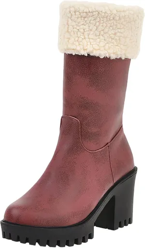 rismart Women's Platform Boots Chunky Heel Side Zip High Heel Mid Calf Sherpa Lined Boot