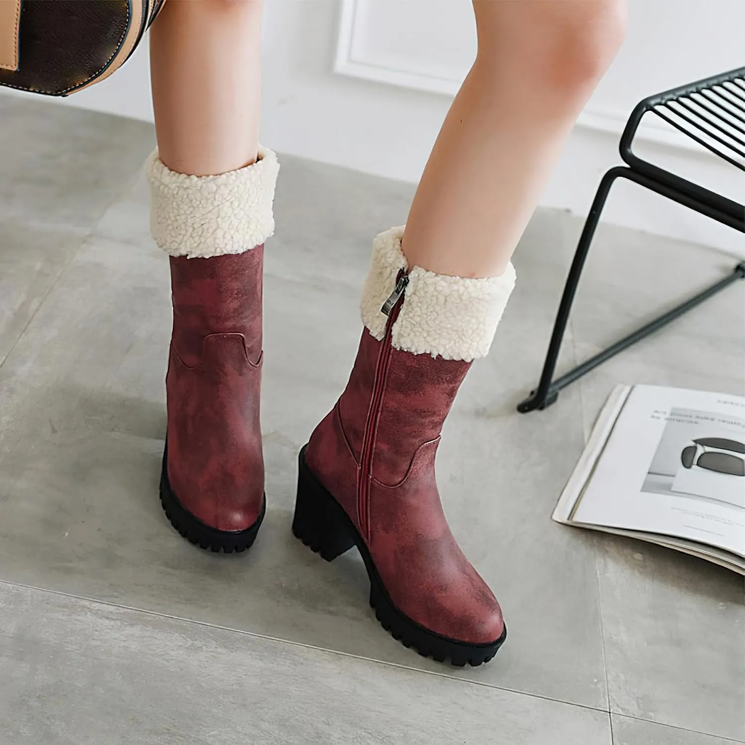 rismart Women's Platform Boots Chunky Heel Side Zip High Heel Mid Calf Sherpa Lined Boot