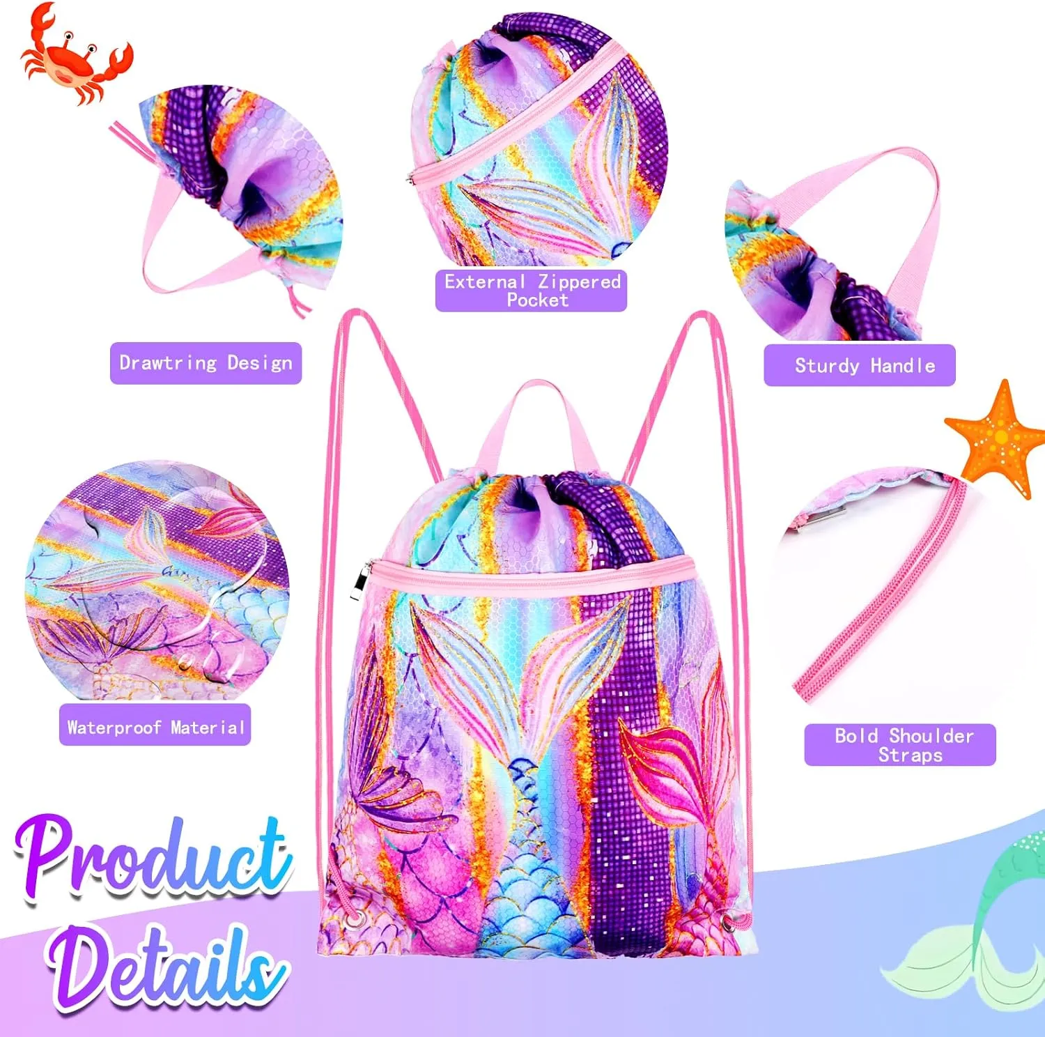 RLGPBON Drawstring Backpack for Kids Girls and Boy,Girls Gym Dance Bag,Sports Gym Bag for Girls Kids Waterproof Swimming Beach Sackpack