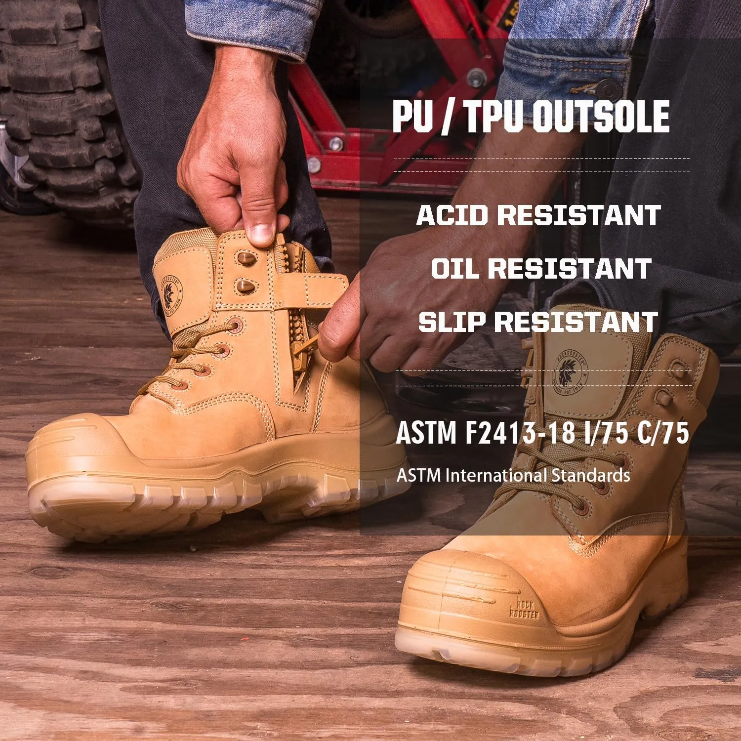 ROCKROOSTER Woodland 6" Composite toe Work Boots for Men with YKK Side Zipper, Metal Free Zip up Men Shoes, Non-Slip TPU Outsole, EH Rated, ASTM F2413-18 Safety Boots AK659