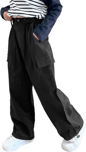Rolanko Girls Cargo Pants Wide Leg Streetwear Kids Pants with Pockets Trendy Jogger Trousers 4-14 Years