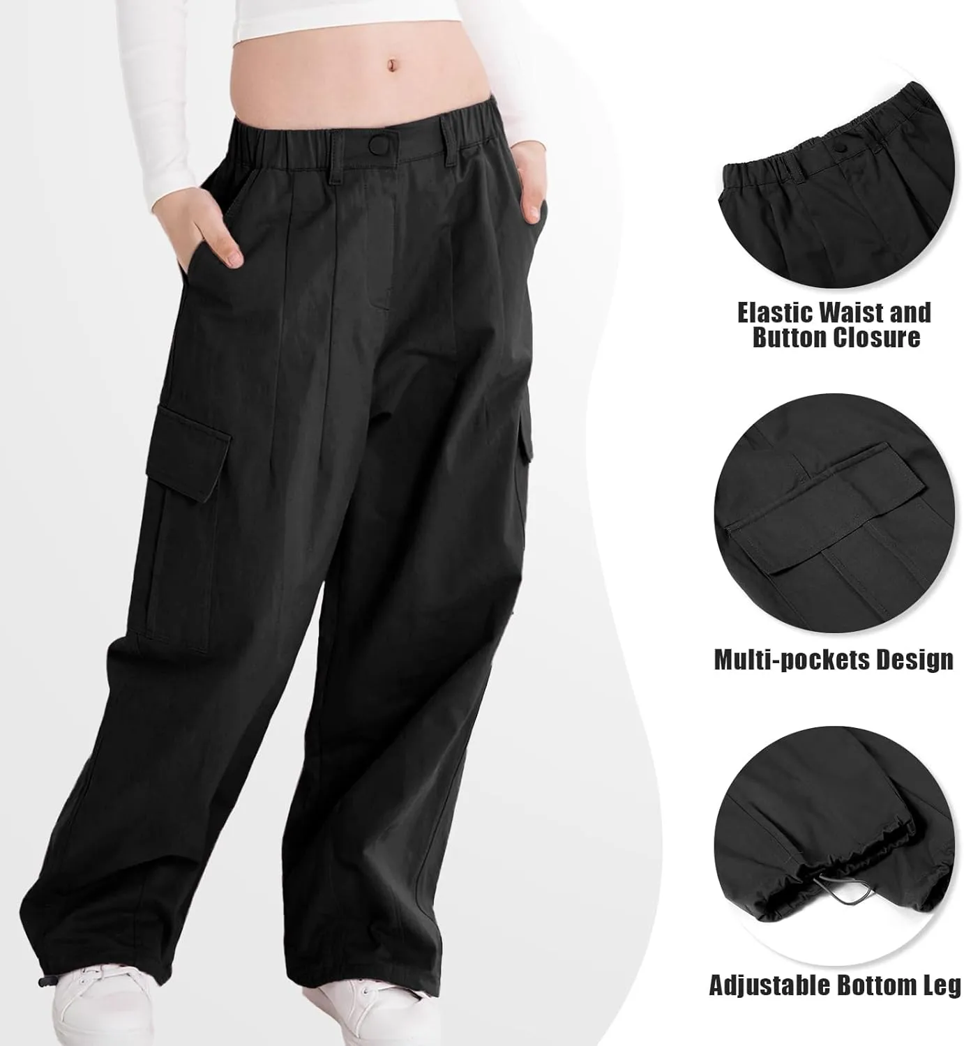 Rolanko Girls Cargo Pants Wide Leg Streetwear Kids Pants with Pockets Trendy Jogger Trousers 4-14 Years