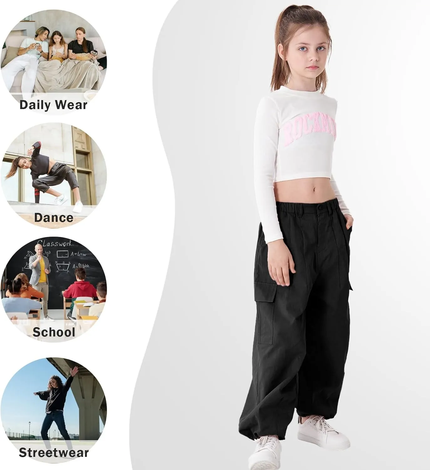 Rolanko Girls Cargo Pants Wide Leg Streetwear Kids Pants with Pockets Trendy Jogger Trousers 4-14 Years