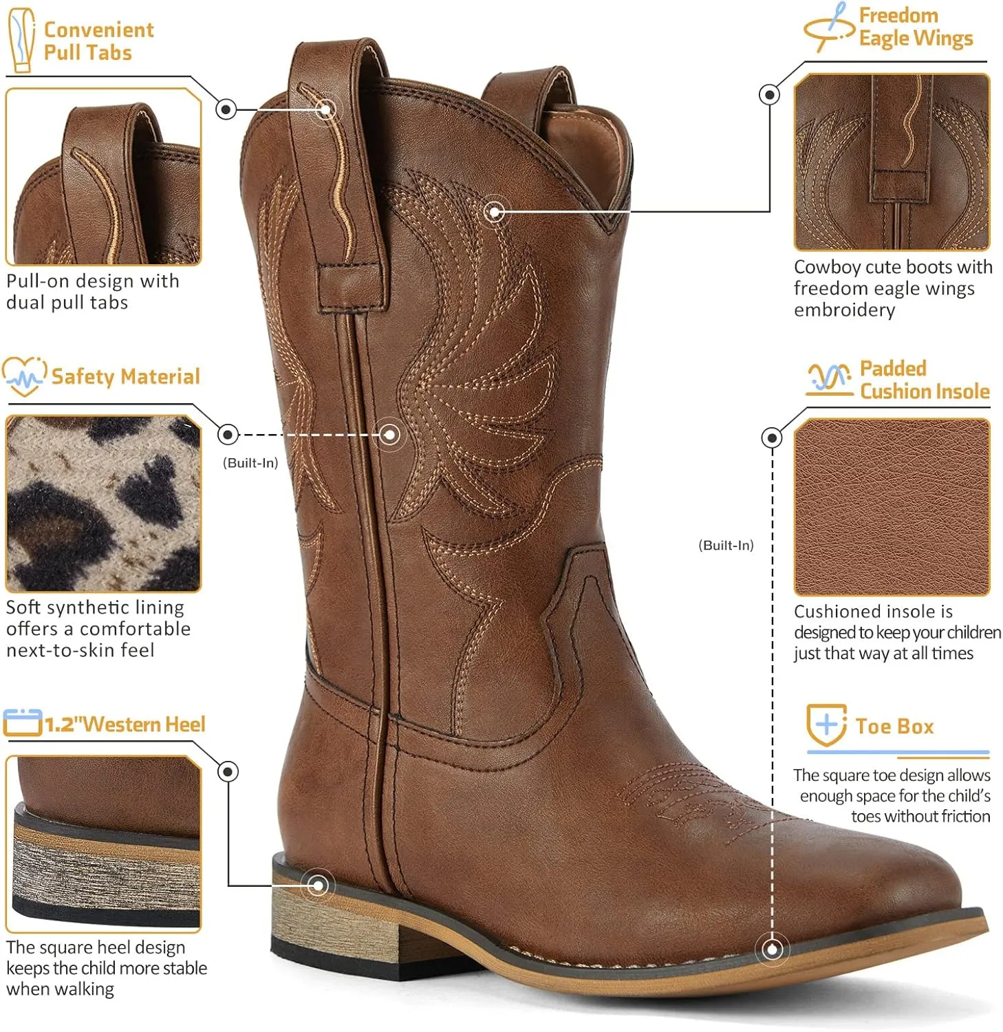 Rollda Kids Cowboy Boots for Boys Girls Western Square Toe Cowgirl Boots with Walking Heel (Toddler/Little Kid/Big Kid)