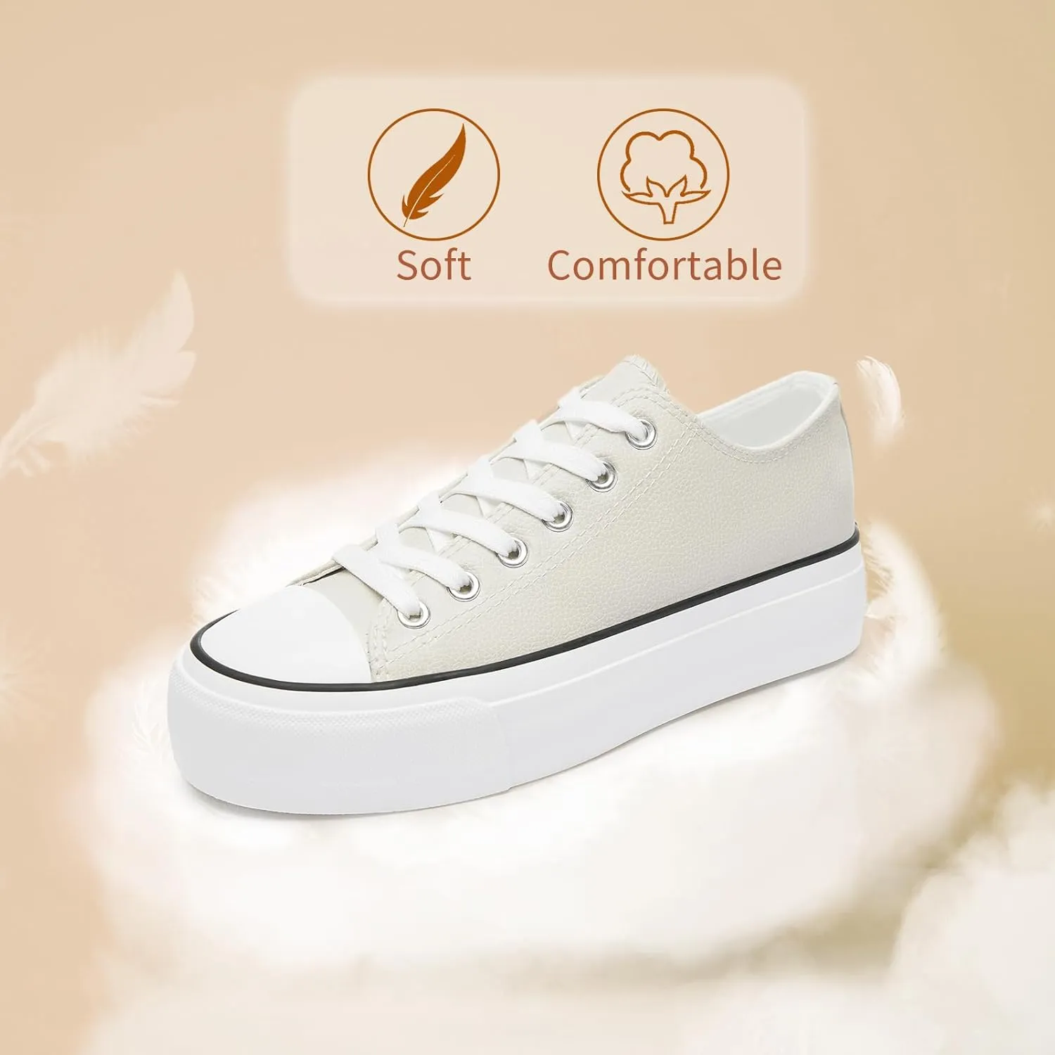 Rominz Women's White Platform Sneakers PU Leather Platform Shoes Classic Black Low Top Sneakers Casual Walking Shoes for Women